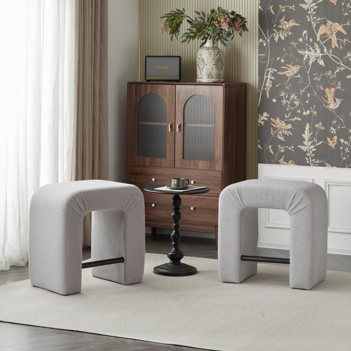 Set Of 2 Cream Boucle Stools For Kitchen Island Dining Chairs 24 Inch Height