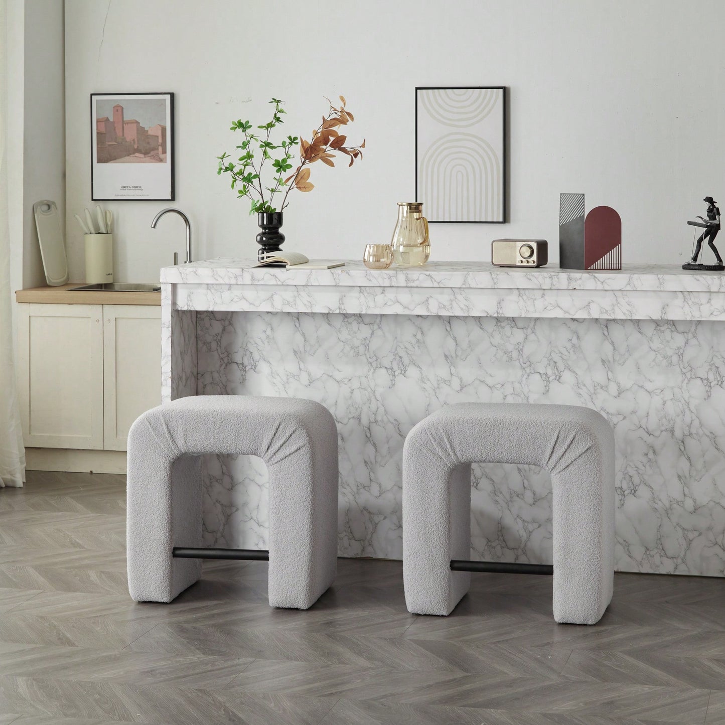 Set Of 2 Cream Boucle Stools For Kitchen Island Dining Chairs 24 Inch Height