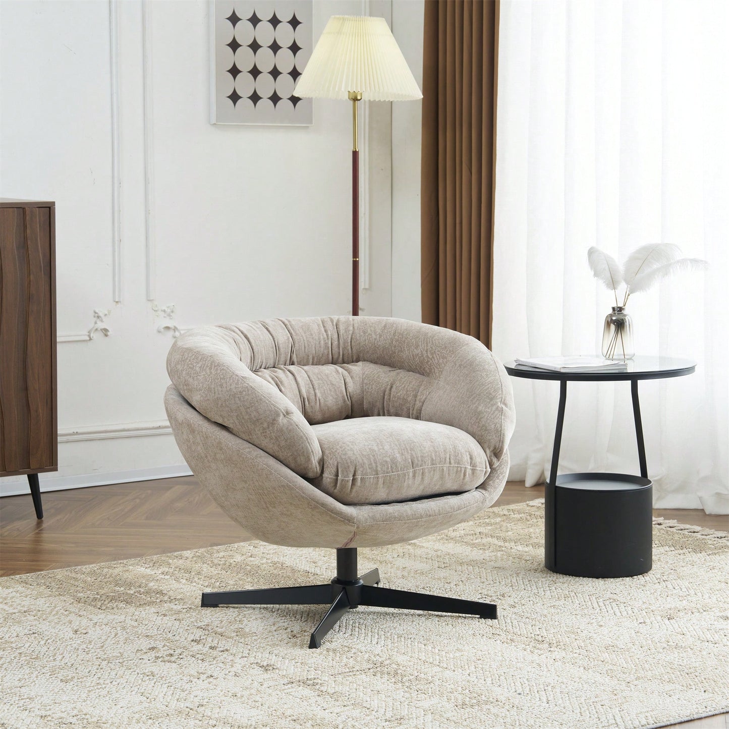 Chenille Upholstered 360° Swivel Accent Chair With Removable Cushion For Living Room Bedroom Office Reading Corner In Brown