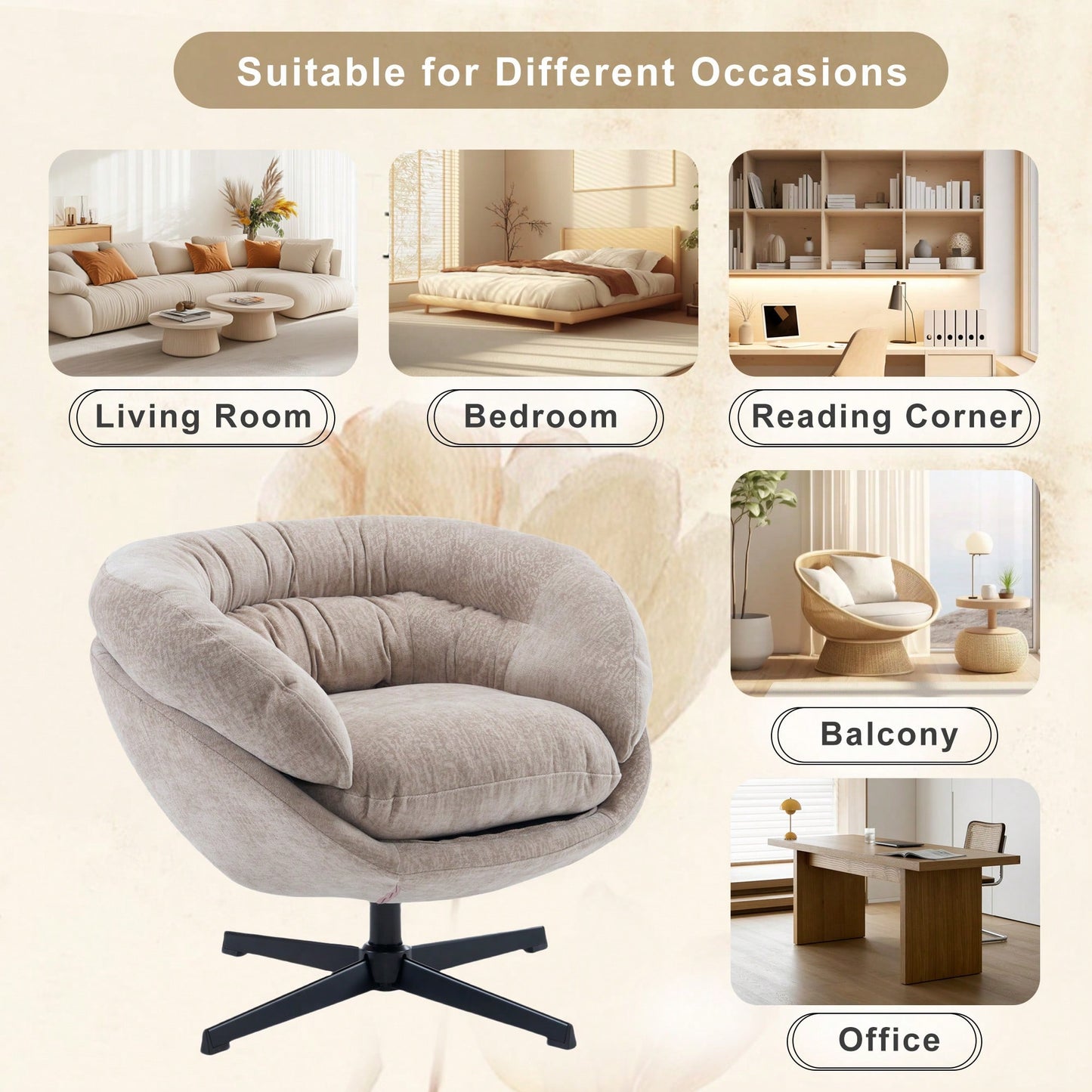 Chenille Upholstered 360° Swivel Accent Chair With Removable Cushion For Living Room Bedroom Office Reading Corner In Brown