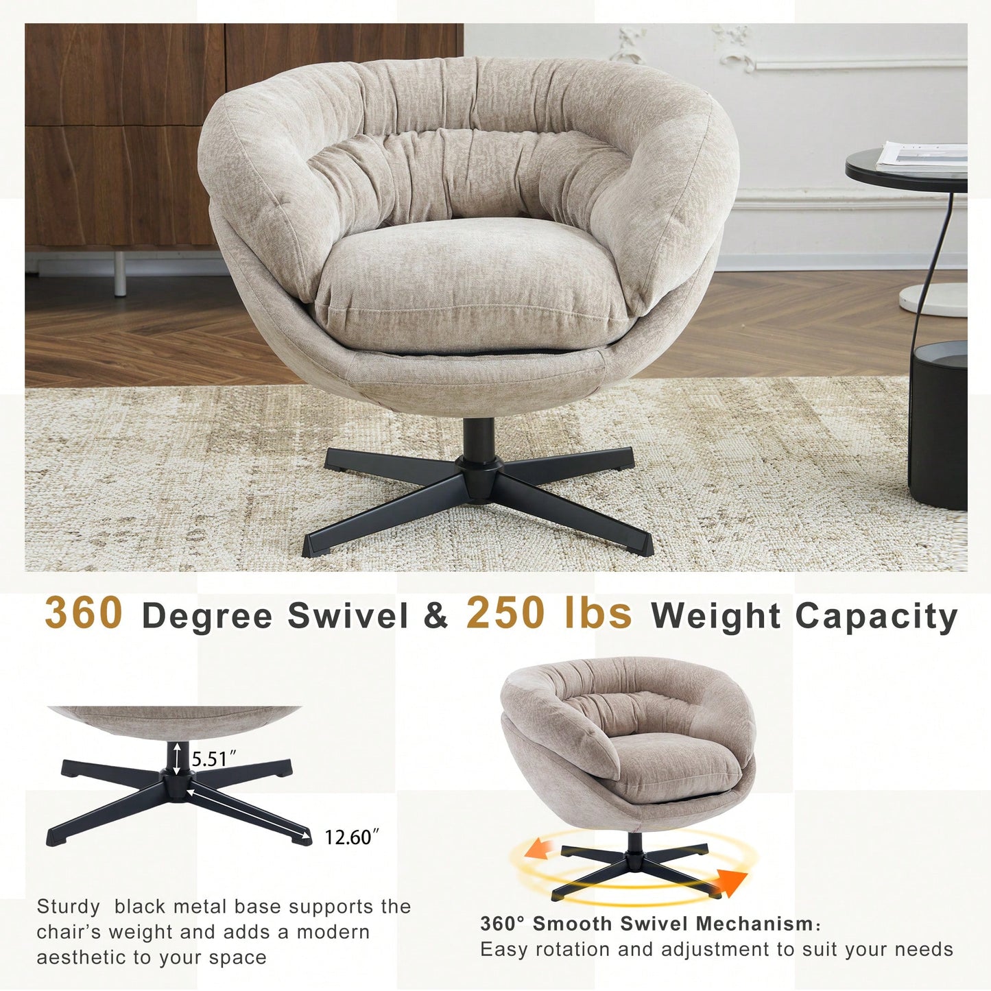 Chenille Upholstered 360° Swivel Accent Chair With Removable Cushion For Living Room Bedroom Office Reading Corner In Brown