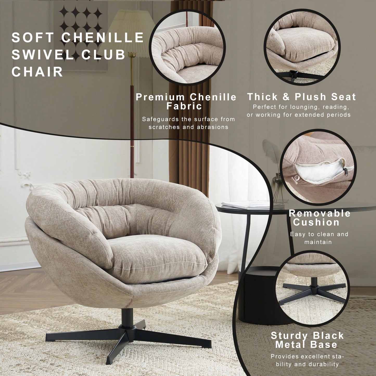 Chenille Upholstered 360° Swivel Accent Chair With Removable Cushion For Living Room Bedroom Office Reading Corner In Brown