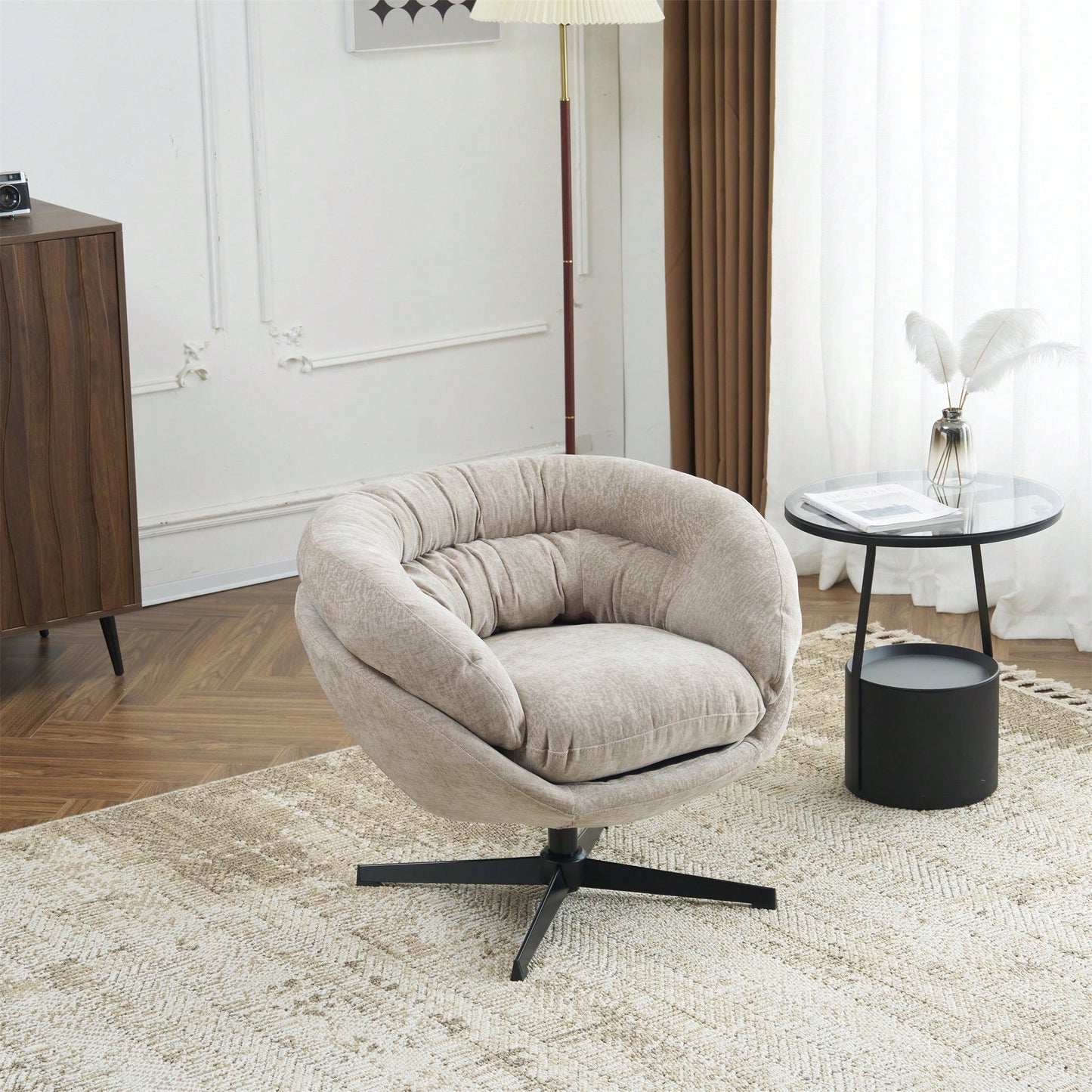 Chenille Upholstered 360° Swivel Accent Chair With Removable Cushion For Living Room Bedroom Office Reading Corner In Brown