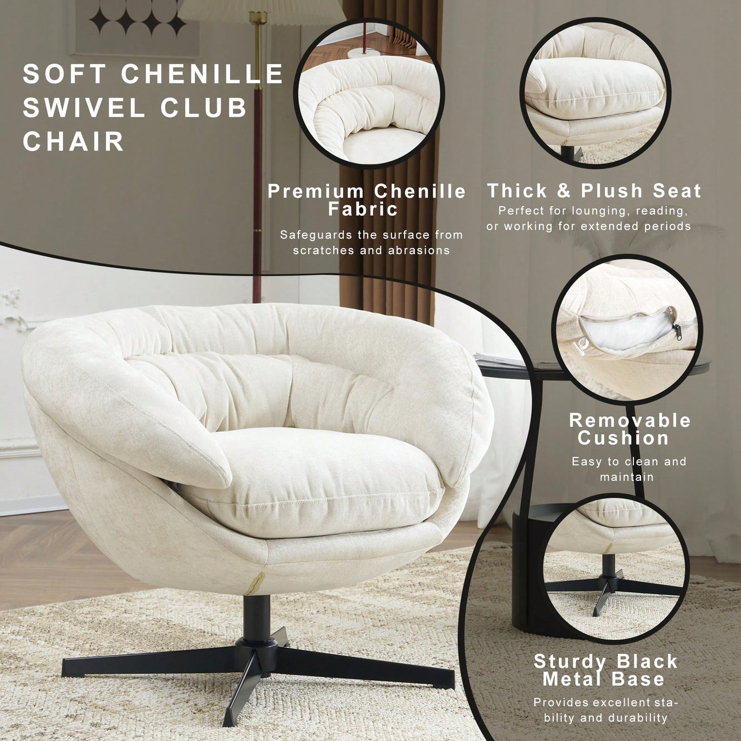 Chenille Upholstered 360° Swivel Accent Chair With Removable Cushion For Living Room Bedroom Office Reading Corner In Brown
