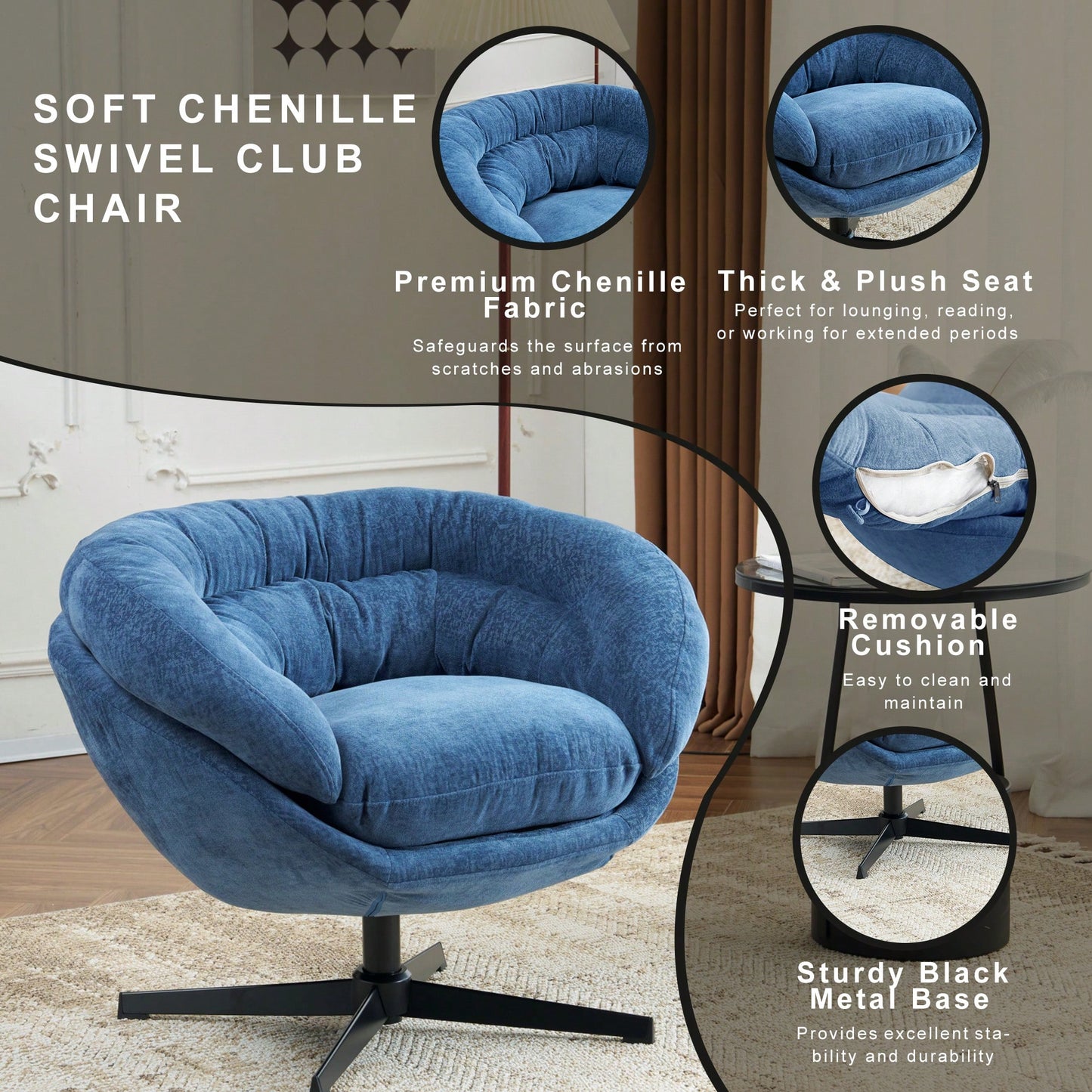 Chenille Upholstered 360° Swivel Accent Chair With Removable Cushion For Living Room Bedroom Office Reading Corner In Brown