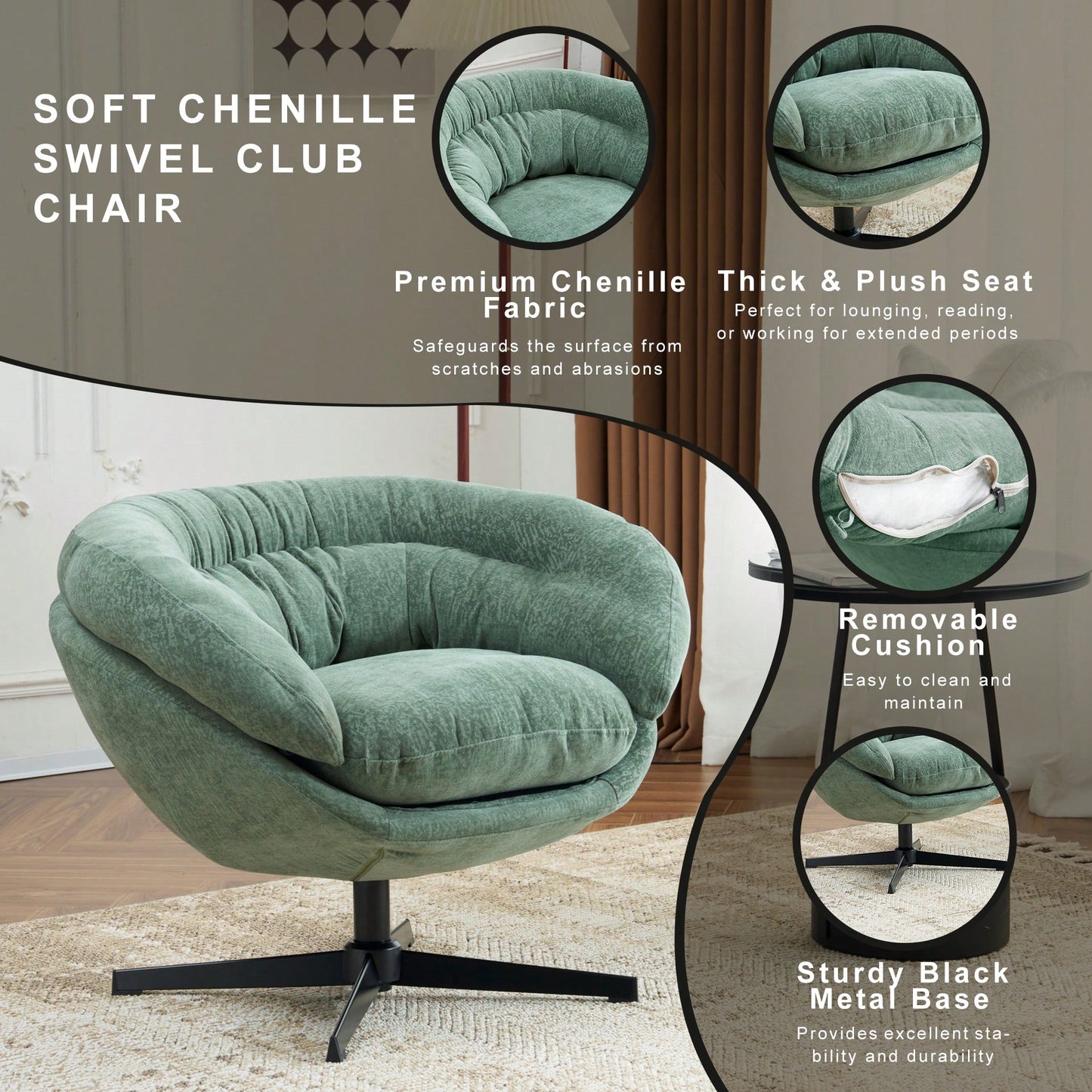 Chenille Upholstered 360° Swivel Accent Chair With Removable Cushion For Living Room Bedroom Office Reading Corner In Brown