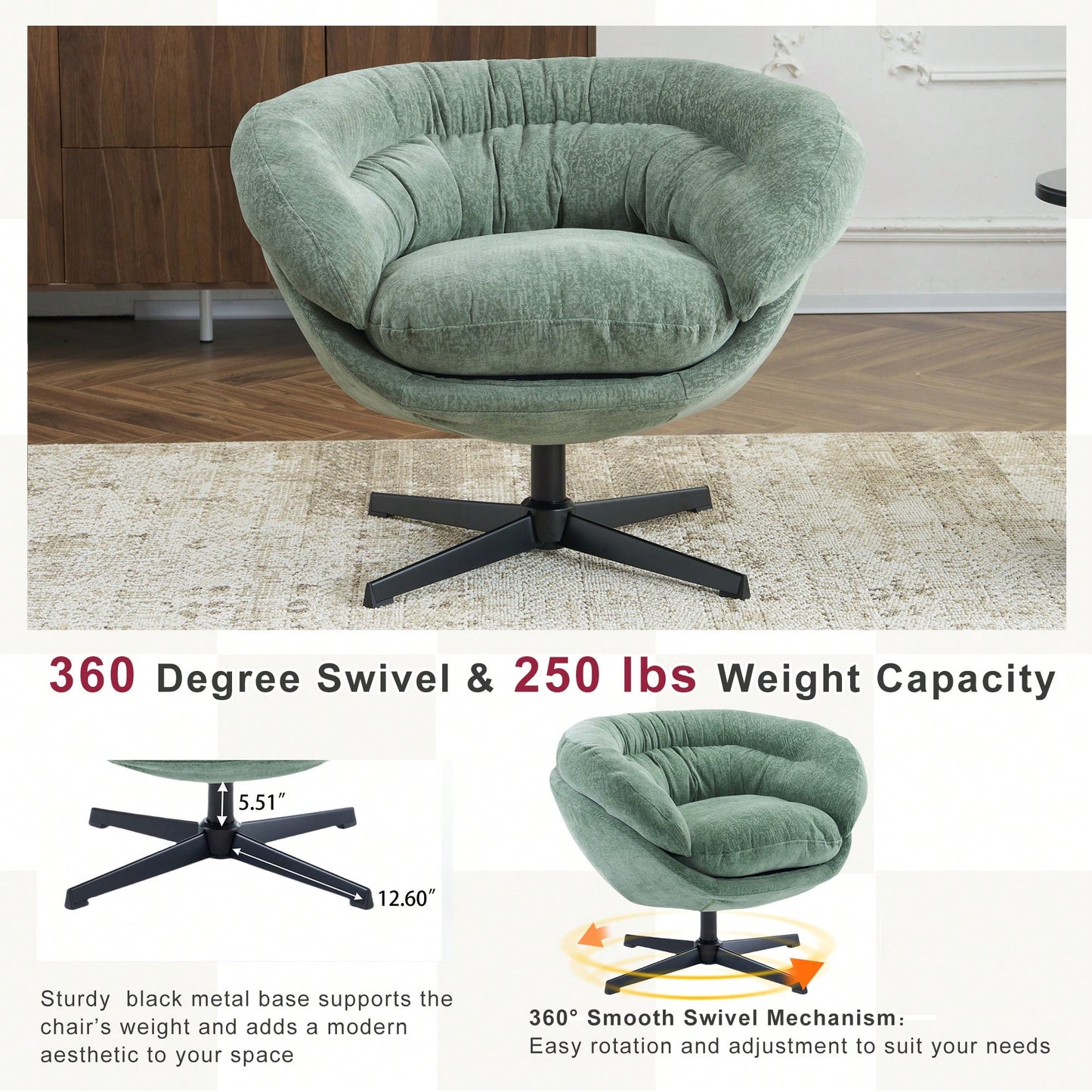 Chenille Upholstered 360° Swivel Accent Chair With Removable Cushion For Living Room Bedroom Office Reading Corner In Brown