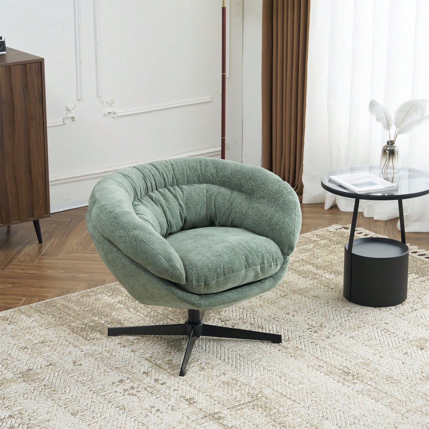Chenille Upholstered 360° Swivel Accent Chair With Removable Cushion For Living Room Bedroom Office Reading Corner In Brown