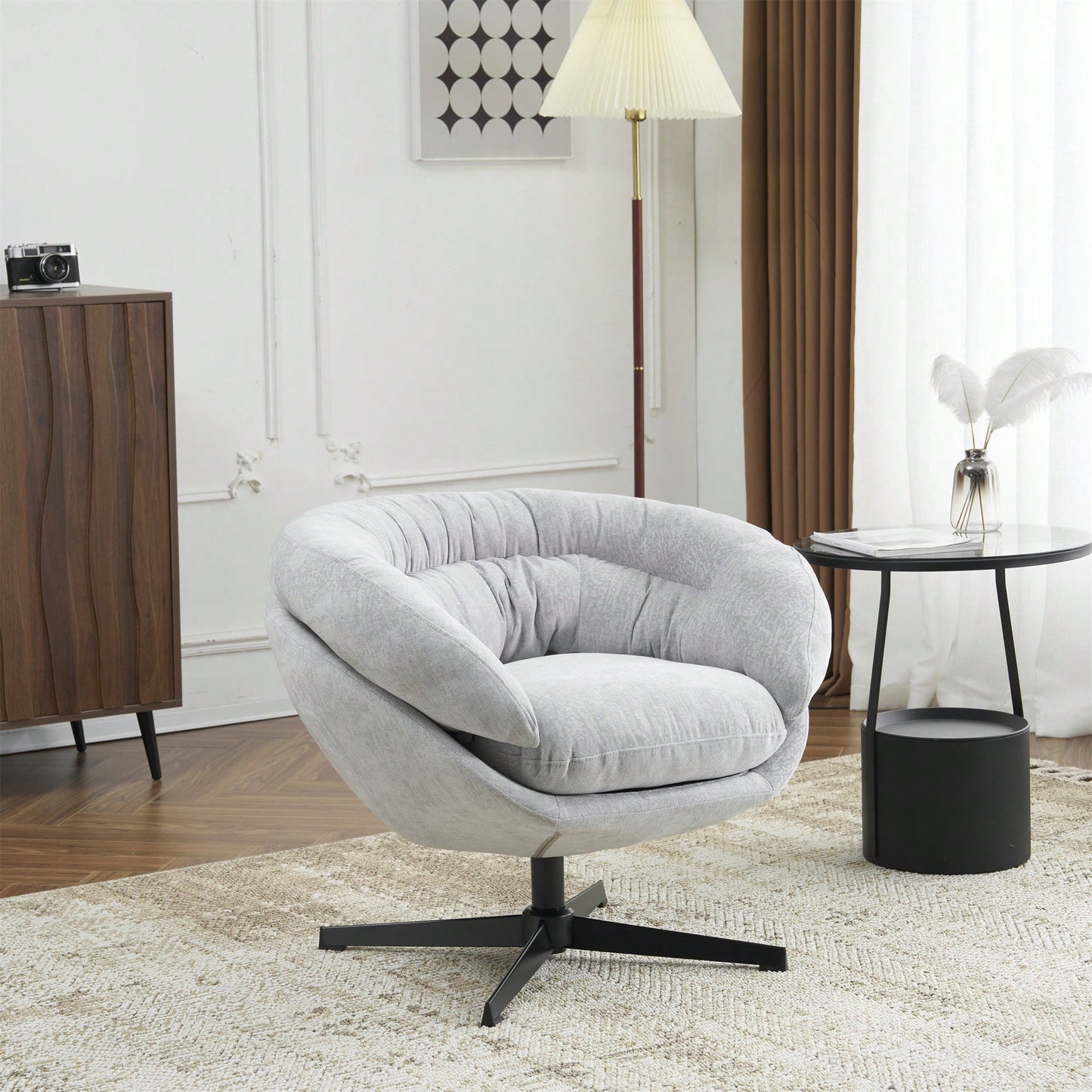 Chenille Upholstered 360° Swivel Accent Chair With Removable Cushion For Living Room Bedroom Office Reading Corner In Brown