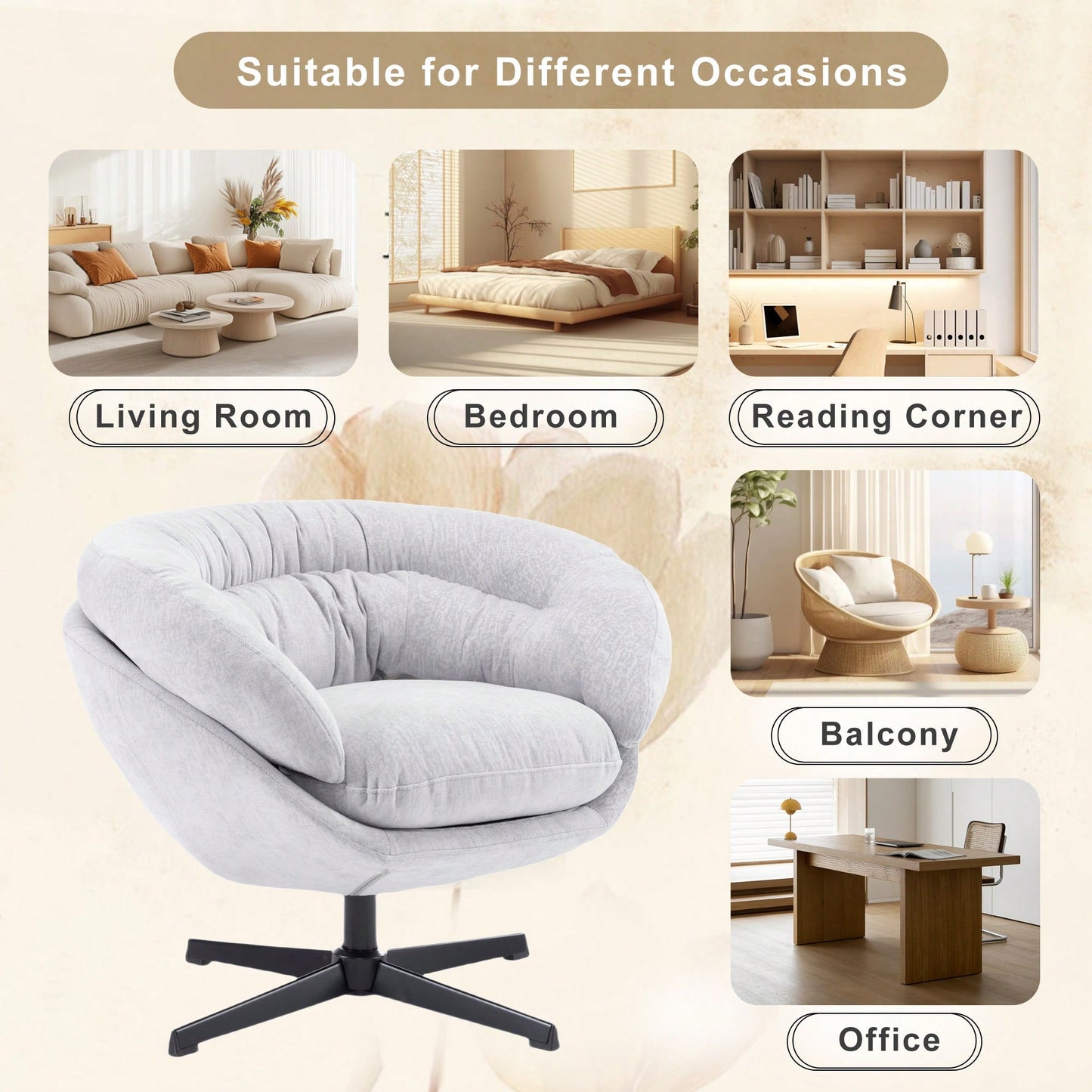 Chenille Upholstered 360° Swivel Accent Chair With Removable Cushion For Living Room Bedroom Office Reading Corner In Brown