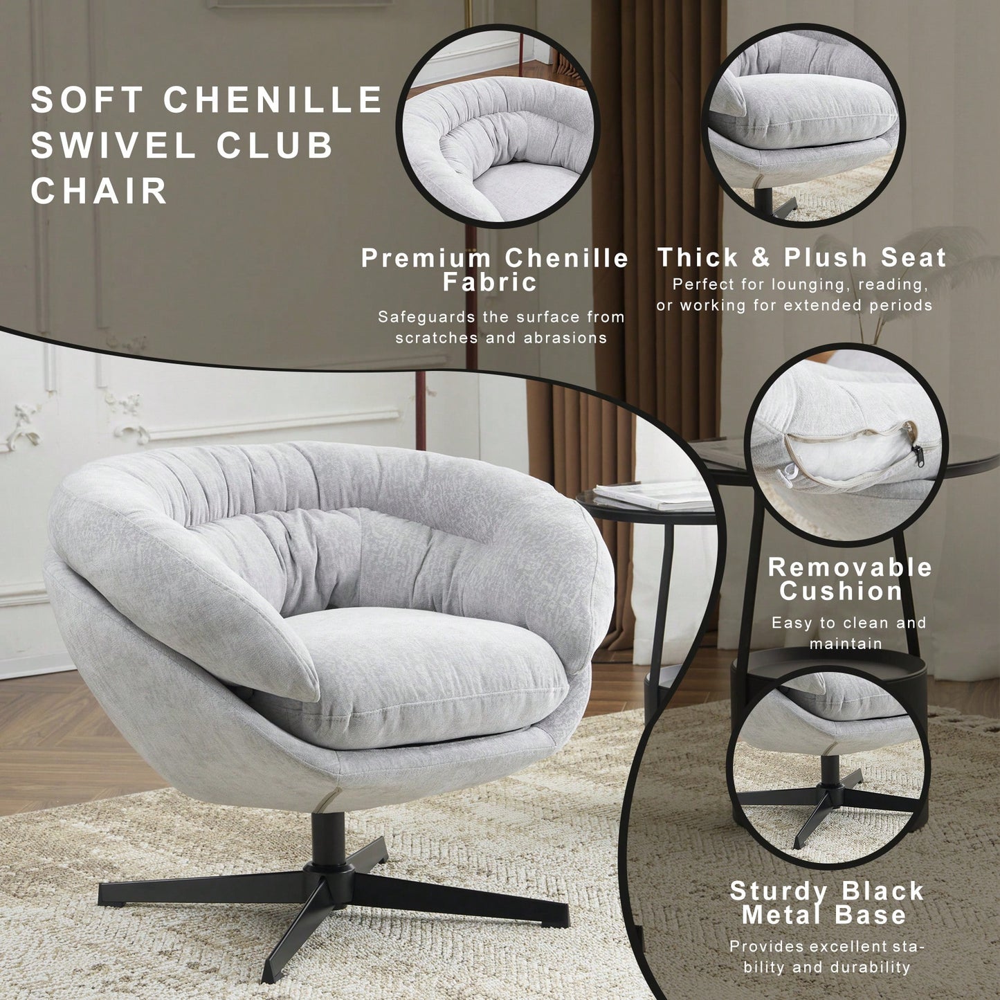 Chenille Upholstered 360° Swivel Accent Chair With Removable Cushion For Living Room Bedroom Office Reading Corner In Brown