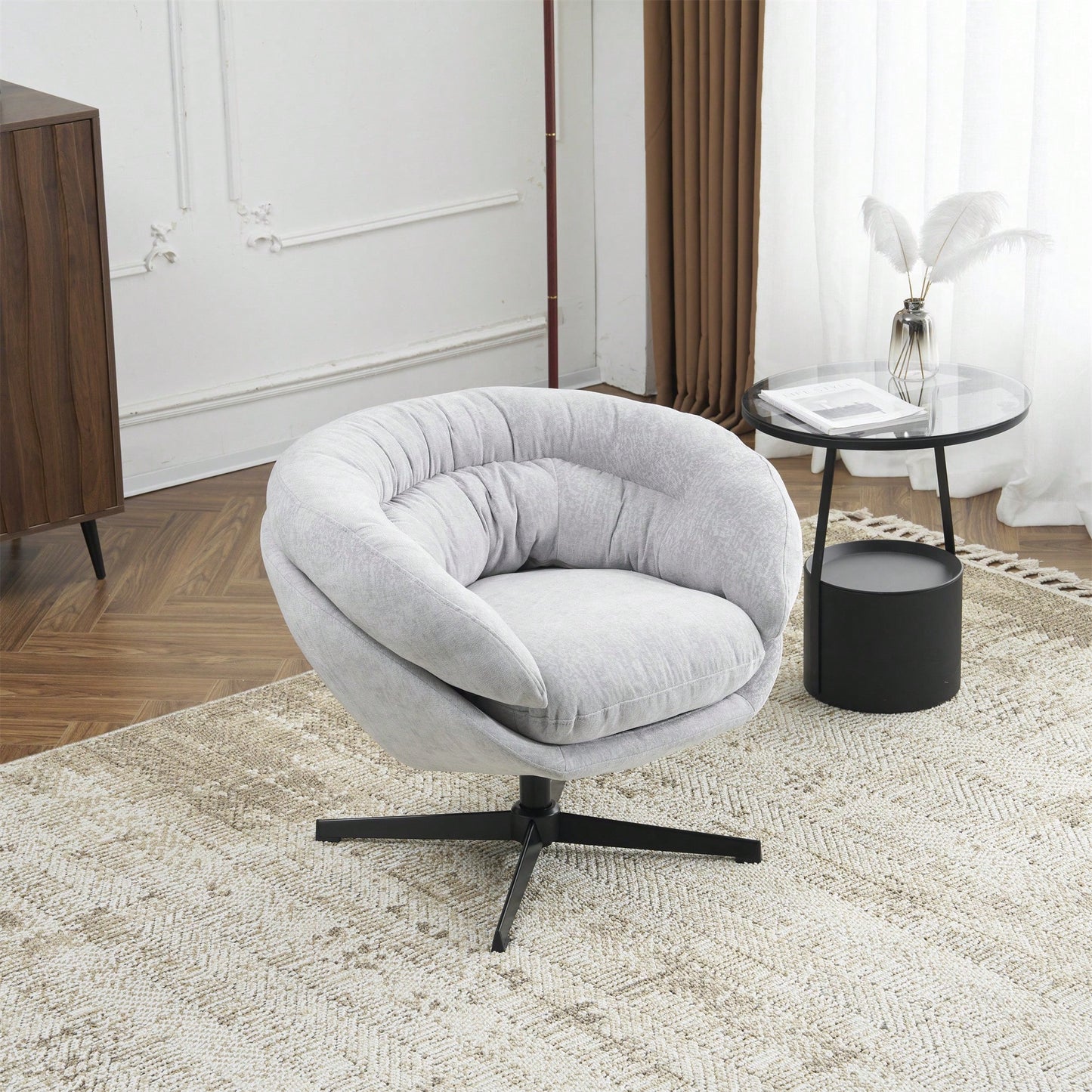 Chenille Upholstered 360° Swivel Accent Chair With Removable Cushion For Living Room Bedroom Office Reading Corner In Brown