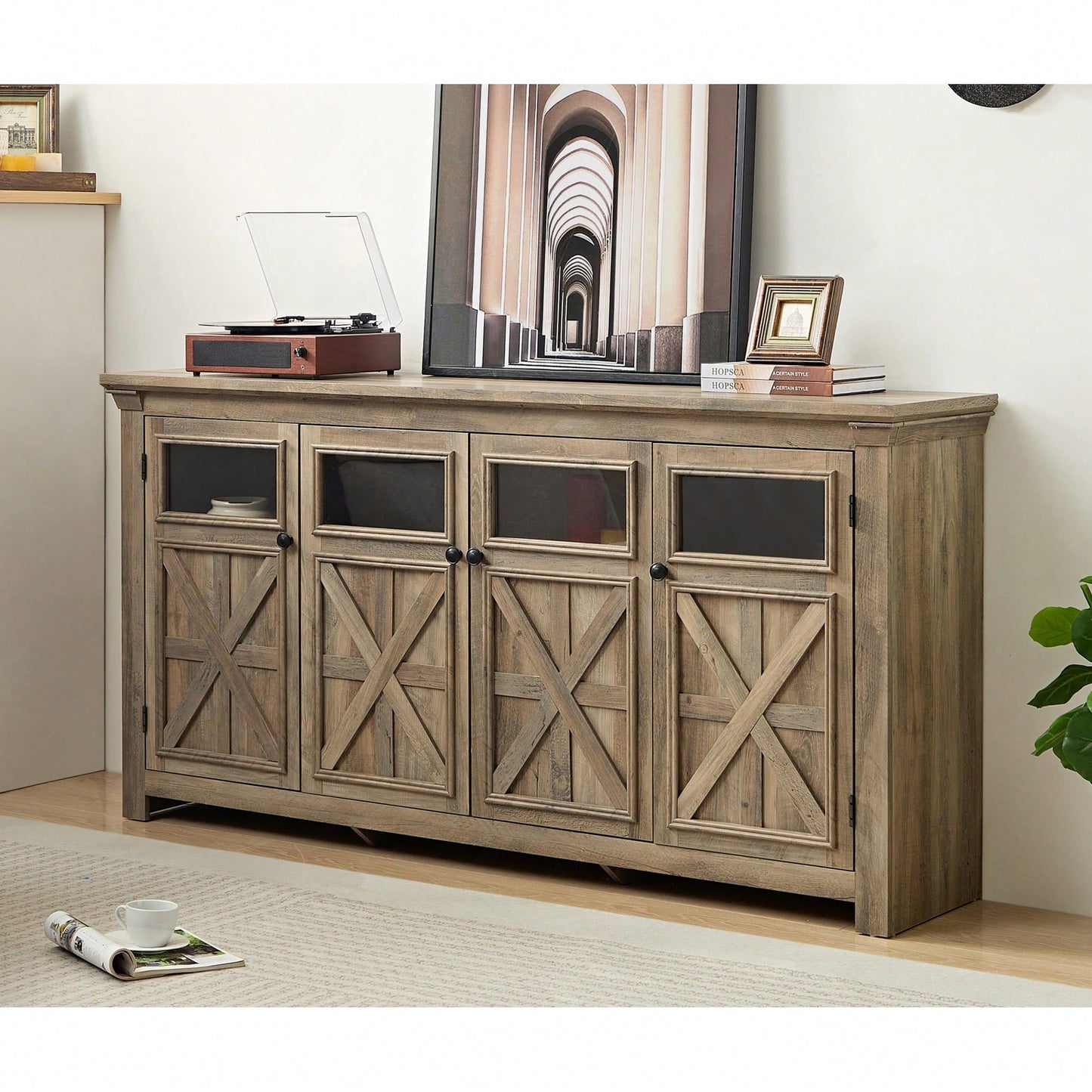 Rustic Farmhouse Buffet Cabinet with 4 Doors Adjustable Shelves Espresso Finish 68.35L x 15.35W x 34.65H for Kitchen Living Room Storage