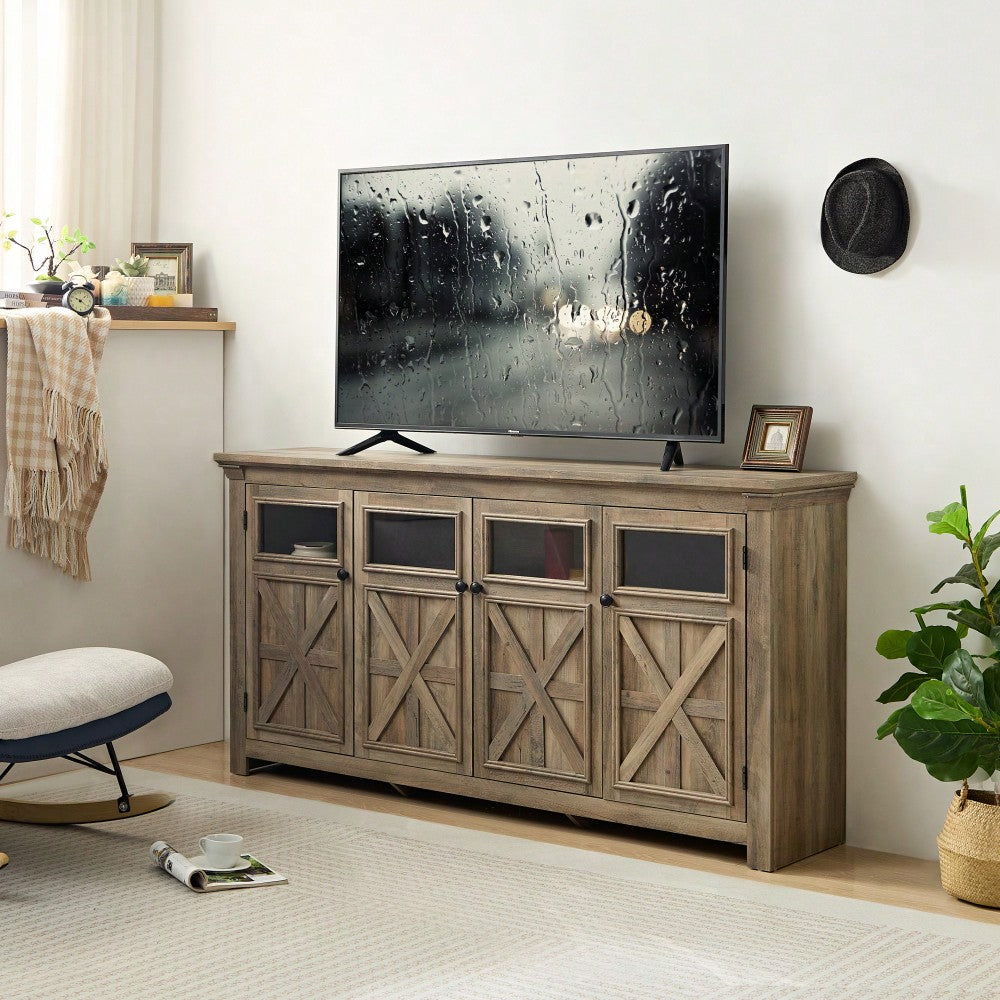 Rustic Farmhouse Buffet Cabinet with 4 Doors Adjustable Shelves Espresso Finish 68.35L x 15.35W x 34.65H for Kitchen Living Room Storage