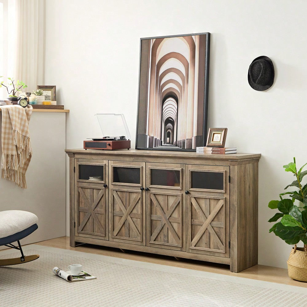 Rustic Farmhouse Buffet Cabinet with 4 Doors Adjustable Shelves Espresso Finish 68.35L x 15.35W x 34.65H for Kitchen Living Room Storage