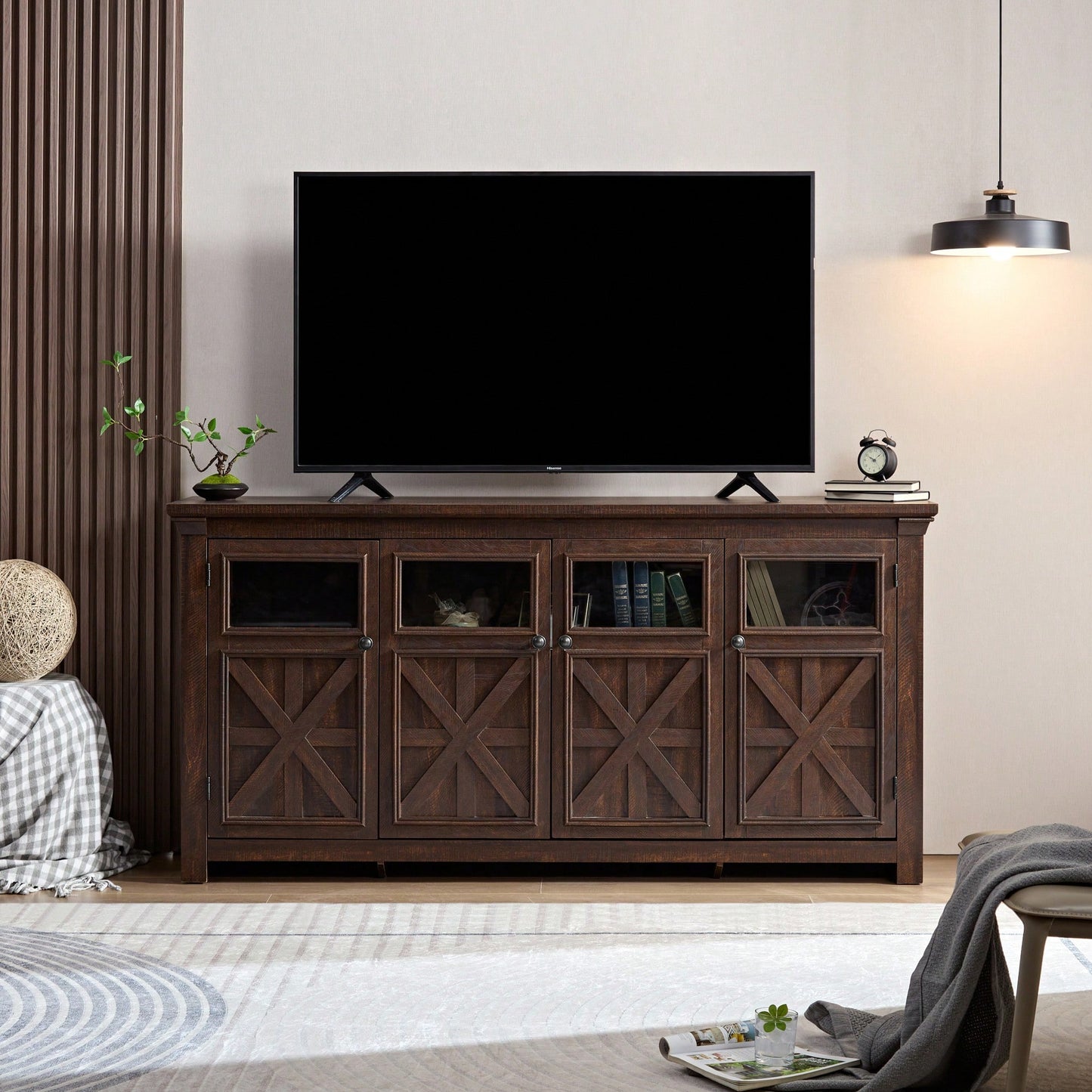 Rustic Farmhouse Buffet Cabinet with 4 Doors Adjustable Shelves Espresso Finish 68.35L x 15.35W x 34.65H for Kitchen Living Room Storage