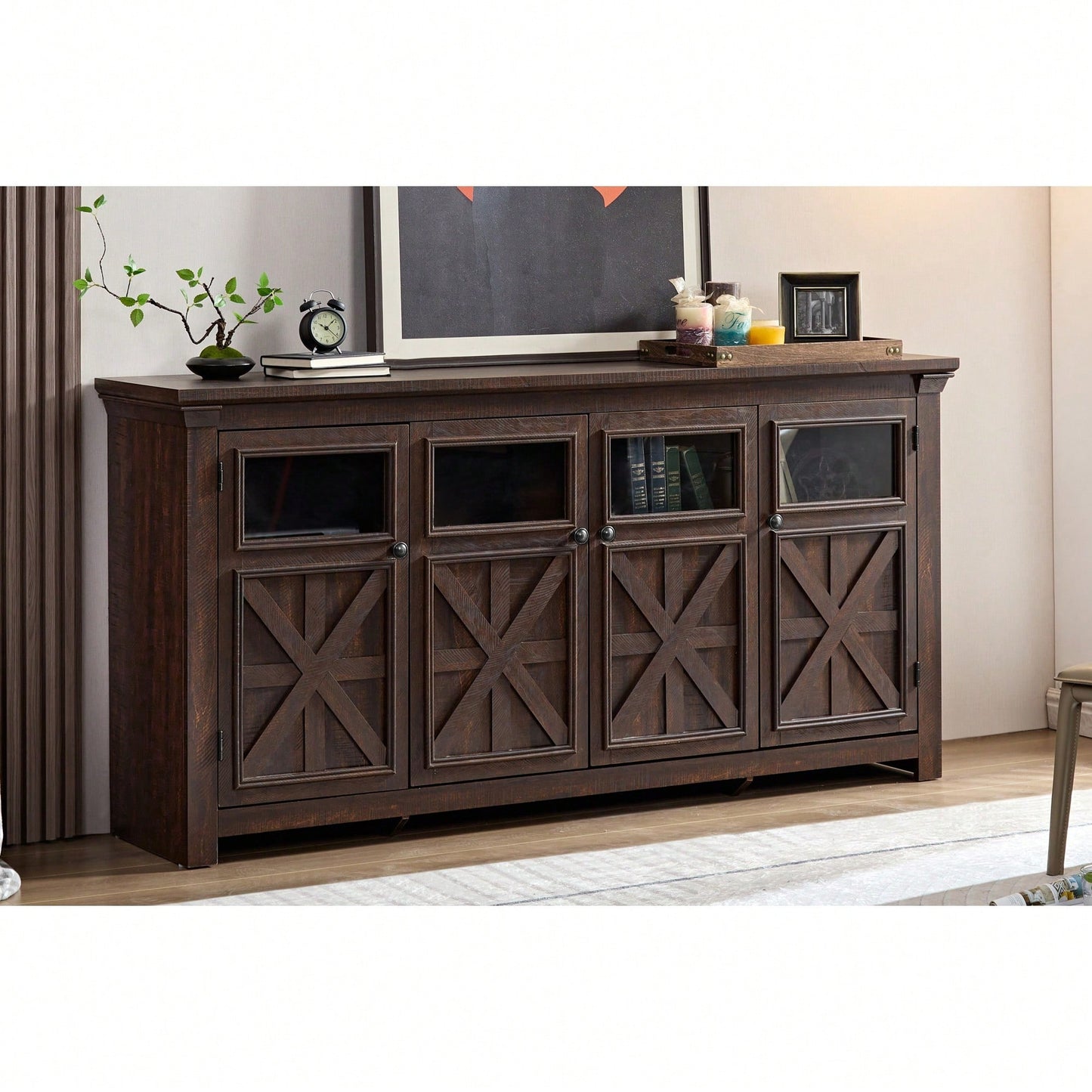 Rustic Farmhouse Buffet Cabinet with 4 Doors Adjustable Shelves Espresso Finish 68.35L x 15.35W x 34.65H for Kitchen Living Room Storage