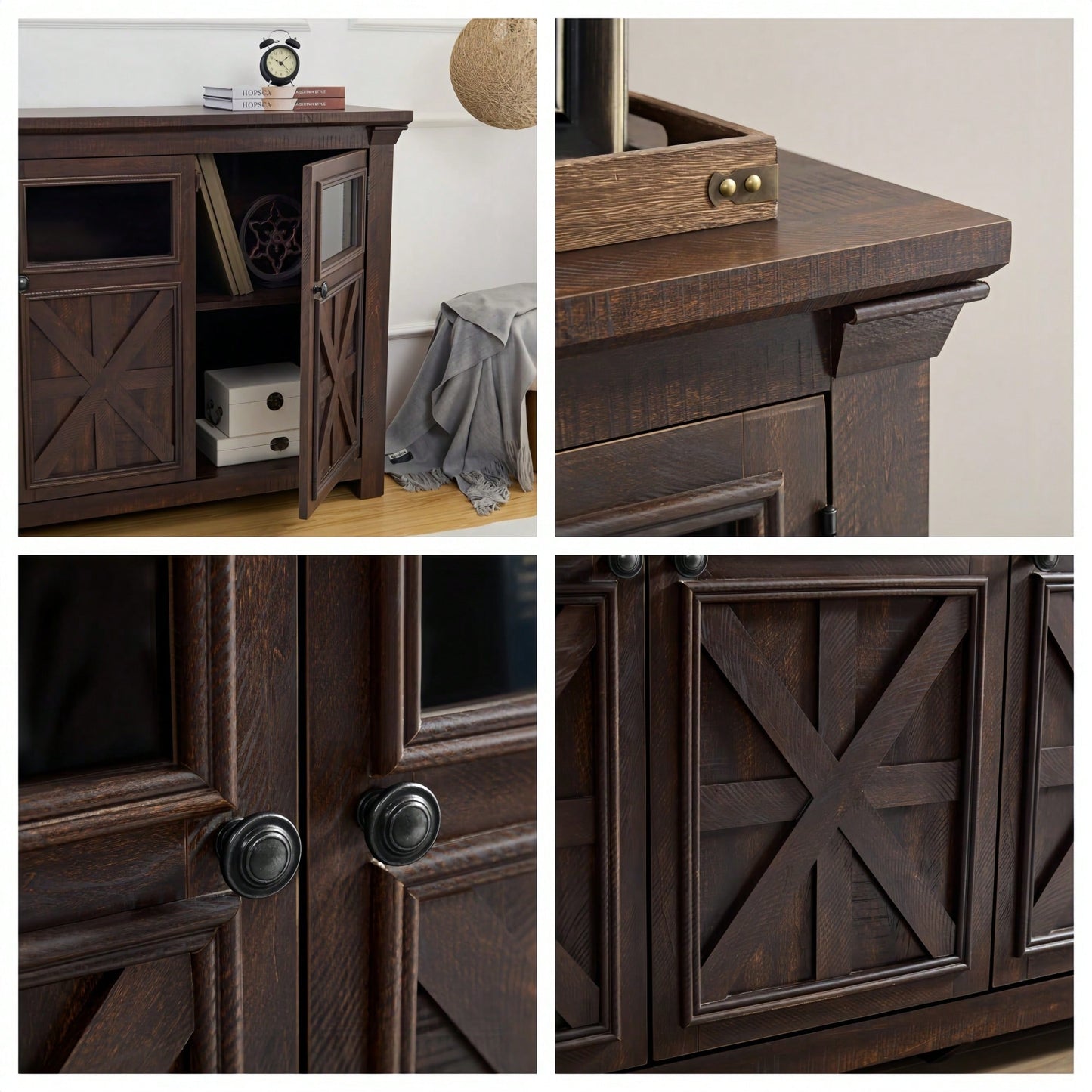 Rustic Farmhouse Buffet Cabinet with 4 Doors Adjustable Shelves Espresso Finish 68.35L x 15.35W x 34.65H for Kitchen Living Room Storage