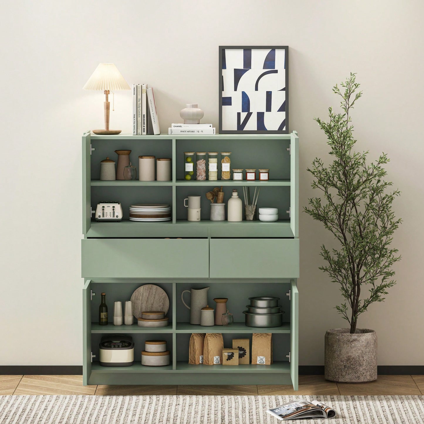 Stylish Green Wooden Storage Cabinet With 4 Doors And 2 Drawers For Organized Living Space