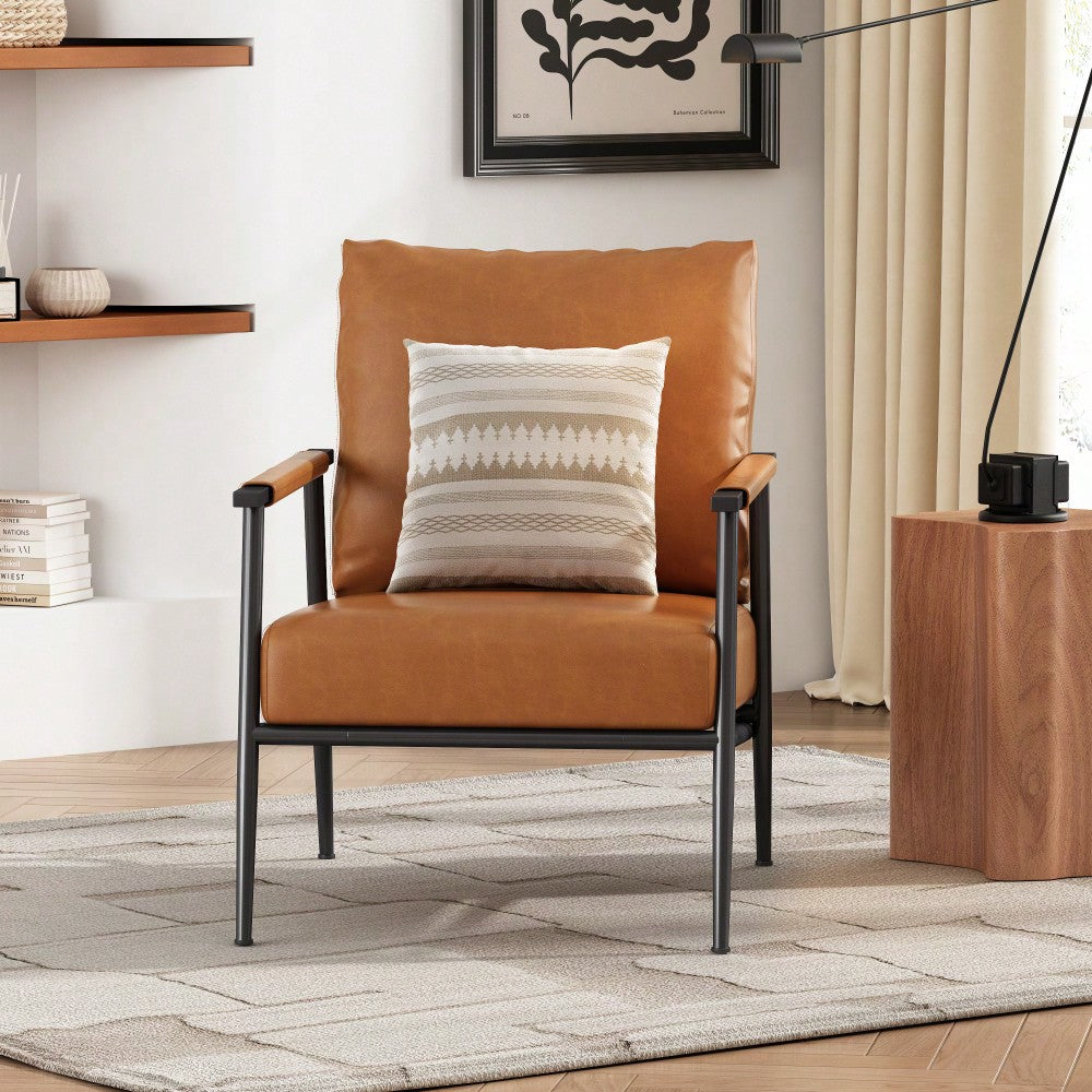Mid-Century Modern Accent Chair With Brown Faux Leather Upholstery And Metal Frame For Living Room Bedroom Or Office