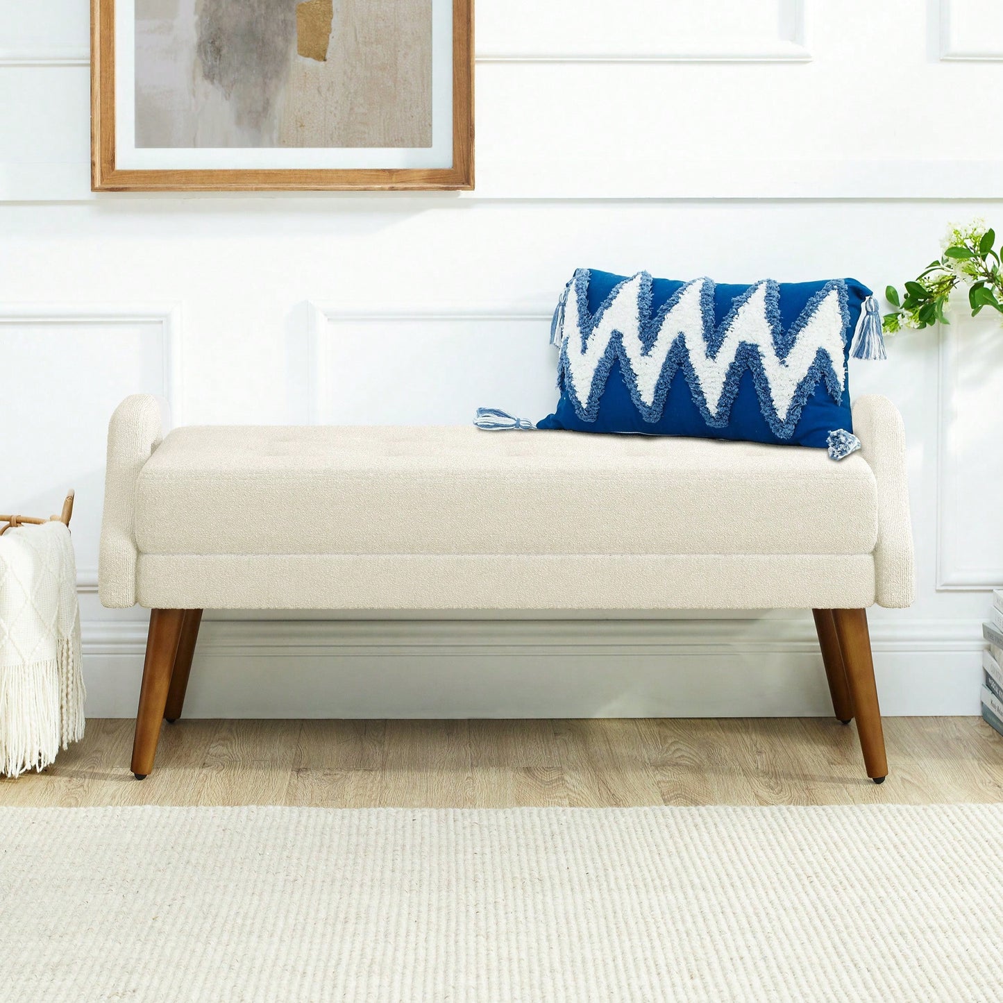 Contemporary Beige Living Room Bench with Soft Cushion, Unique Armrests, and Rubber Wood Legs for Living Rooms, Bedrooms, and Entrances