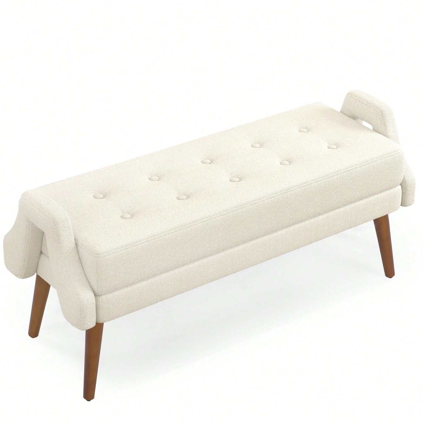 Contemporary Beige Living Room Bench with Soft Cushion, Unique Armrests, and Rubber Wood Legs for Living Rooms, Bedrooms, and Entrances