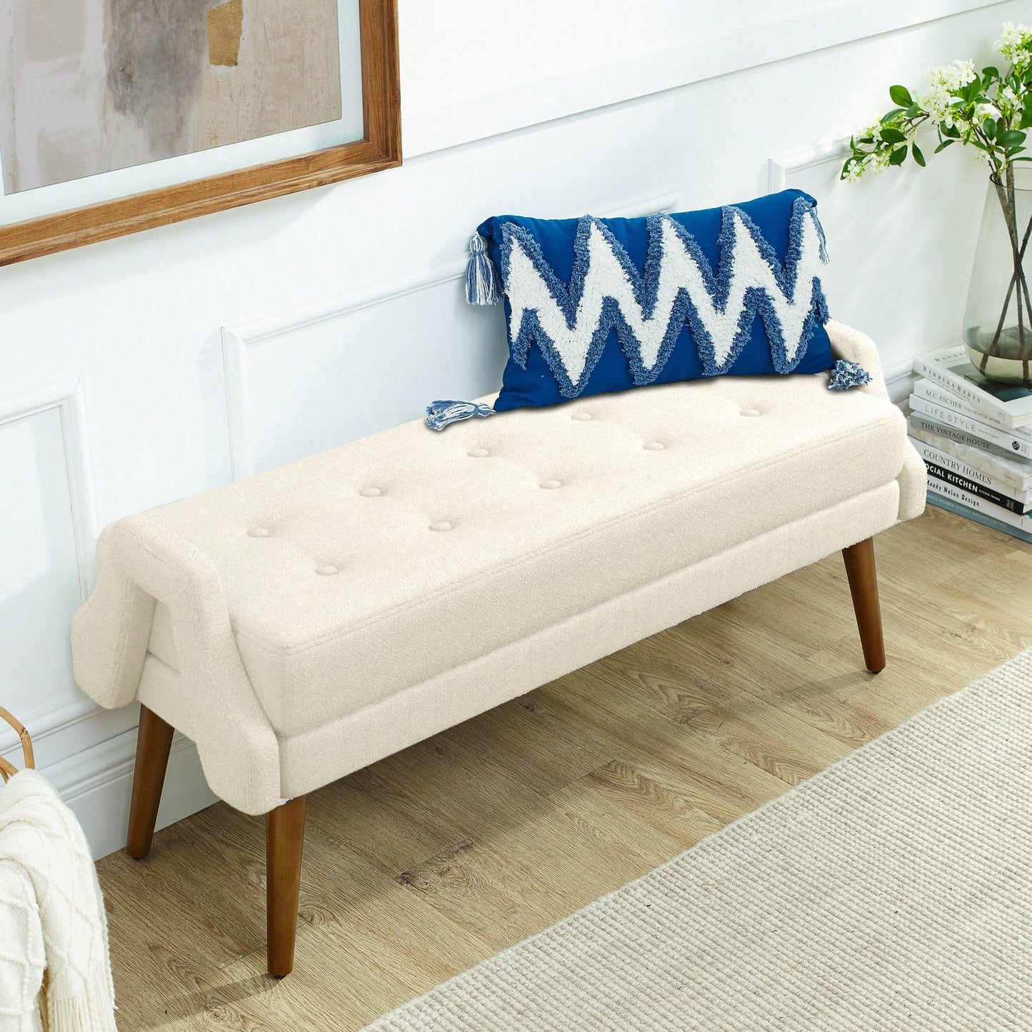 Contemporary Beige Living Room Bench with Soft Cushion, Unique Armrests, and Rubber Wood Legs for Living Rooms, Bedrooms, and Entrances