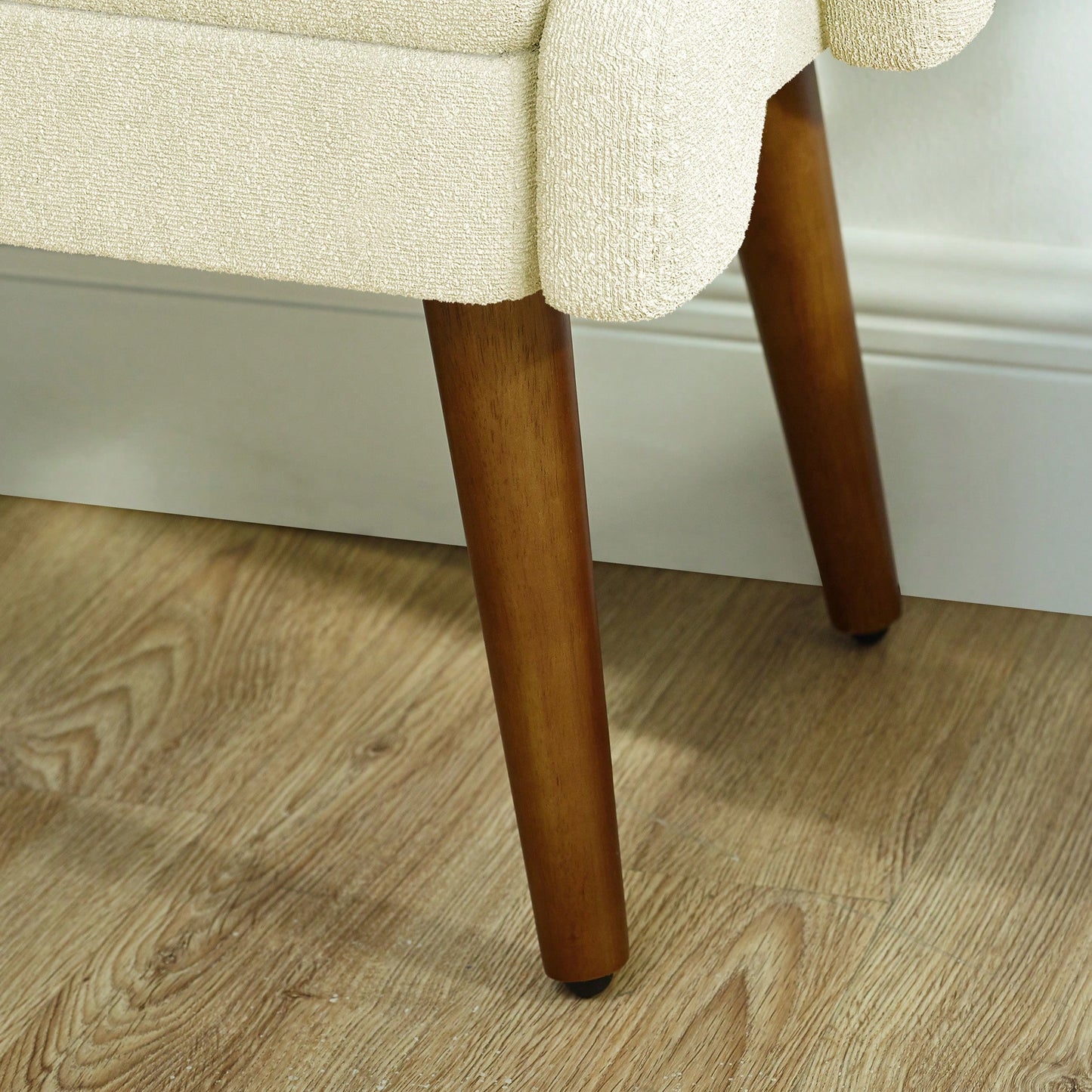 Contemporary Beige Living Room Bench with Soft Cushion, Unique Armrests, and Rubber Wood Legs for Living Rooms, Bedrooms, and Entrances