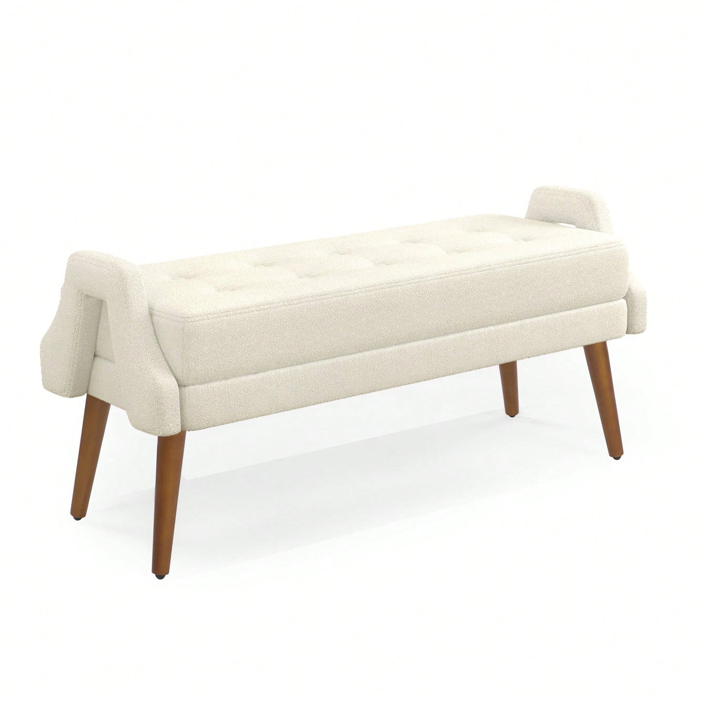 Contemporary Beige Living Room Bench with Soft Cushion, Unique Armrests, and Rubber Wood Legs for Living Rooms, Bedrooms, and Entrances