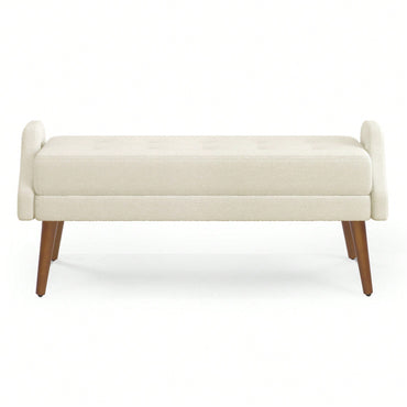 Contemporary Beige Living Room Bench with Soft Cushion, Unique Armrests, and Rubber Wood Legs for Living Rooms, Bedrooms, and Entrances