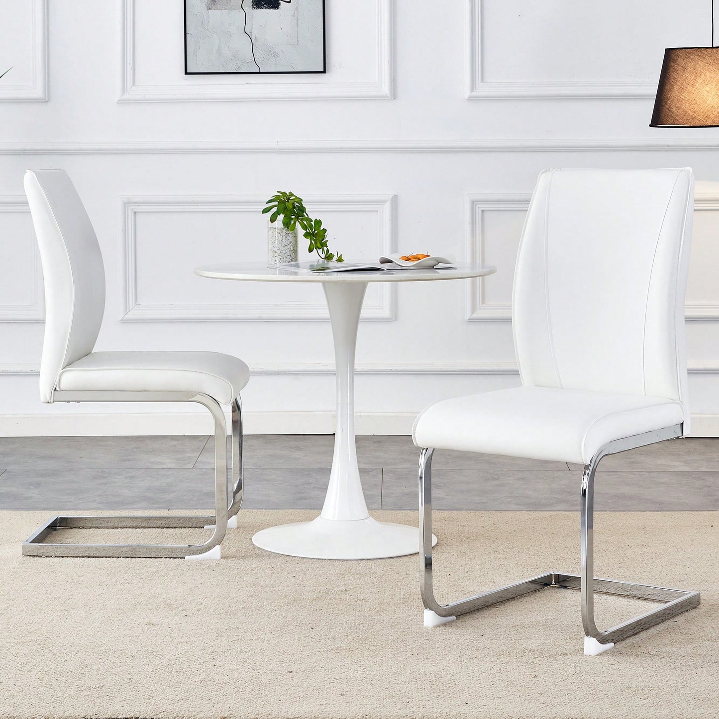 Elegant Black PU Dining Chairs With High Resilience And Arched Silver Metal Legs - Set Of 2