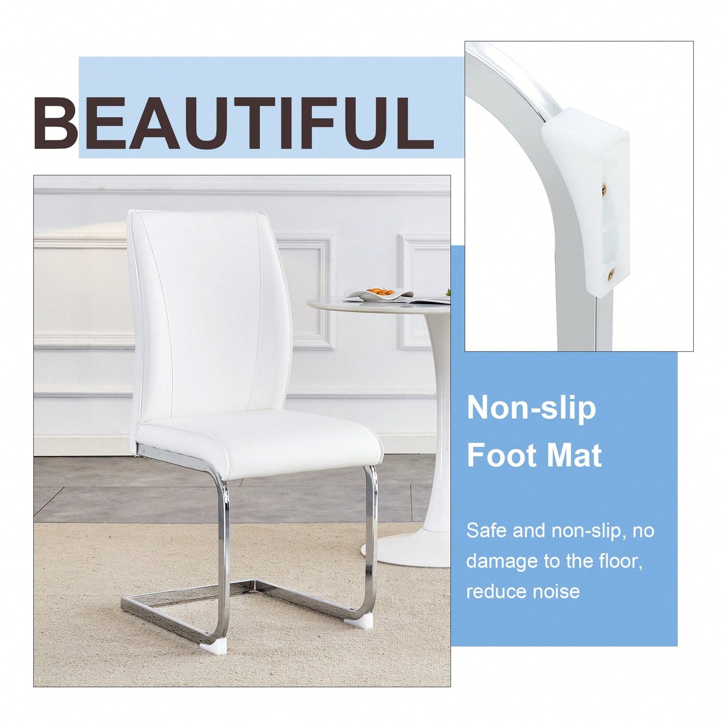 Elegant Black PU Dining Chairs With High Resilience And Arched Silver Metal Legs - Set Of 2