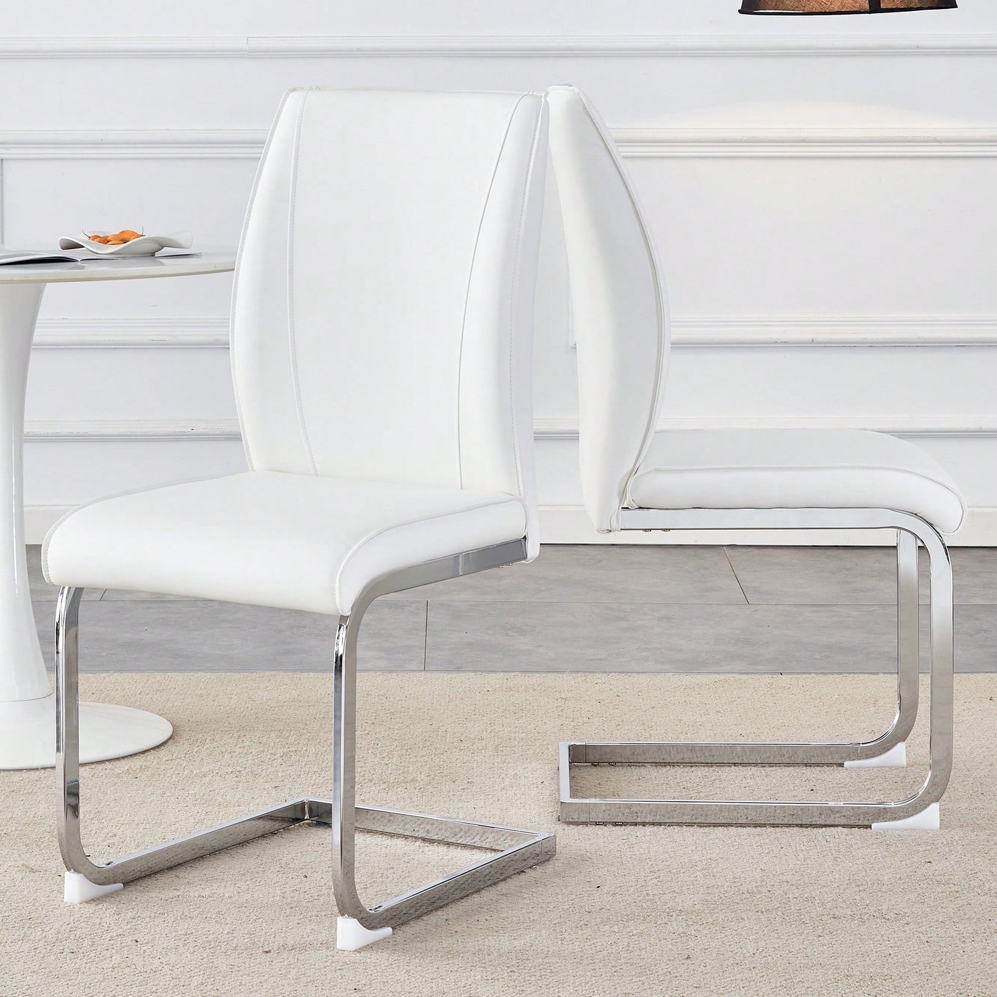 Elegant Black PU Dining Chairs With High Resilience And Arched Silver Metal Legs - Set Of 2