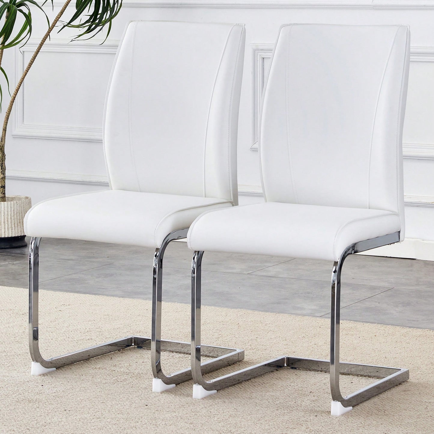 Elegant Black PU Dining Chairs With High Resilience And Arched Silver Metal Legs - Set Of 2