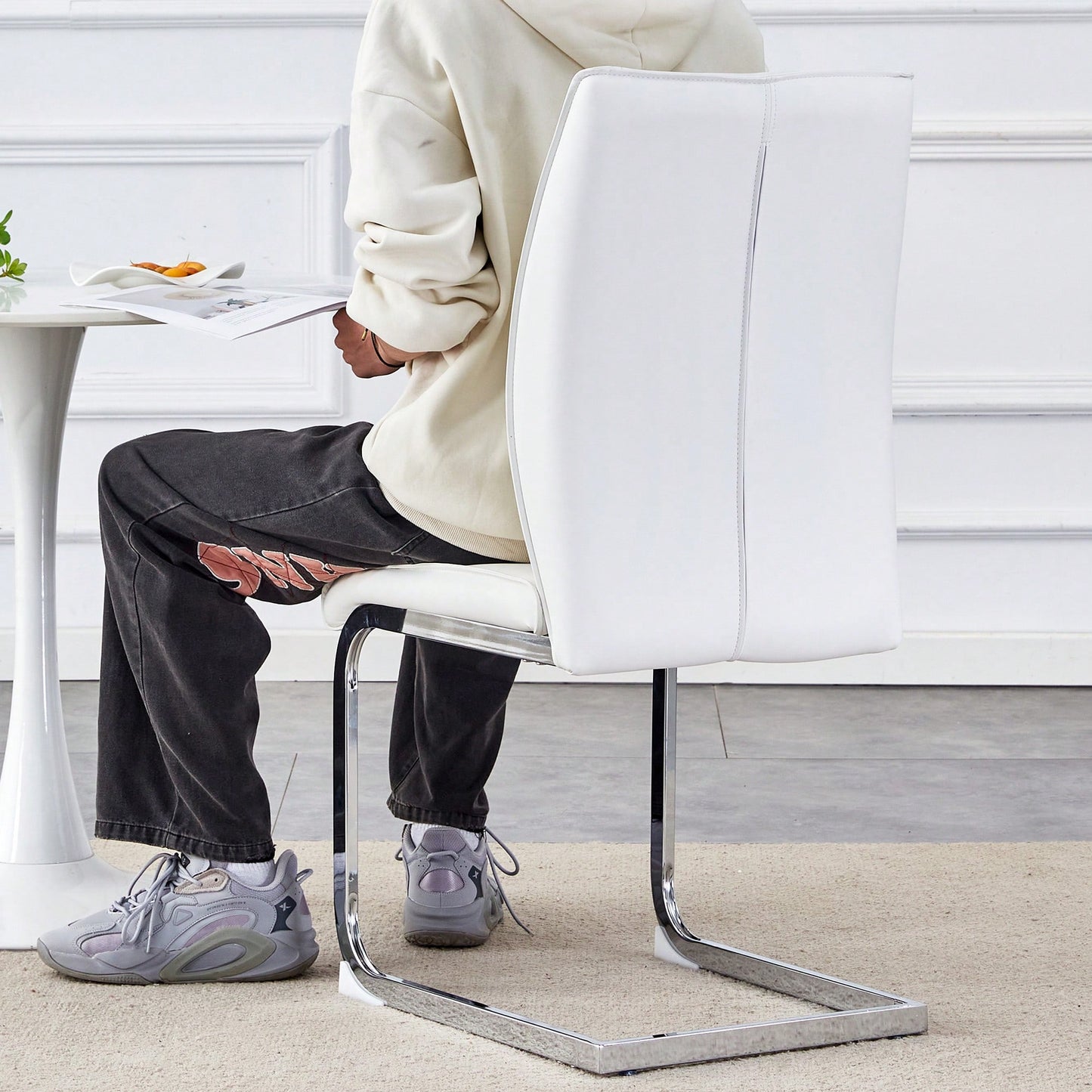 Elegant Black PU Dining Chairs With High Resilience And Arched Silver Metal Legs - Set Of 2
