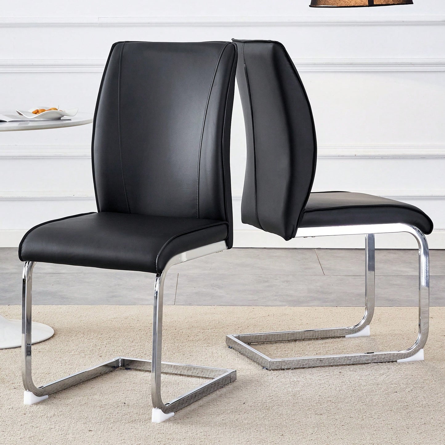 Elegant Black PU Dining Chairs With High Resilience And Arched Silver Metal Legs - Set Of 2
