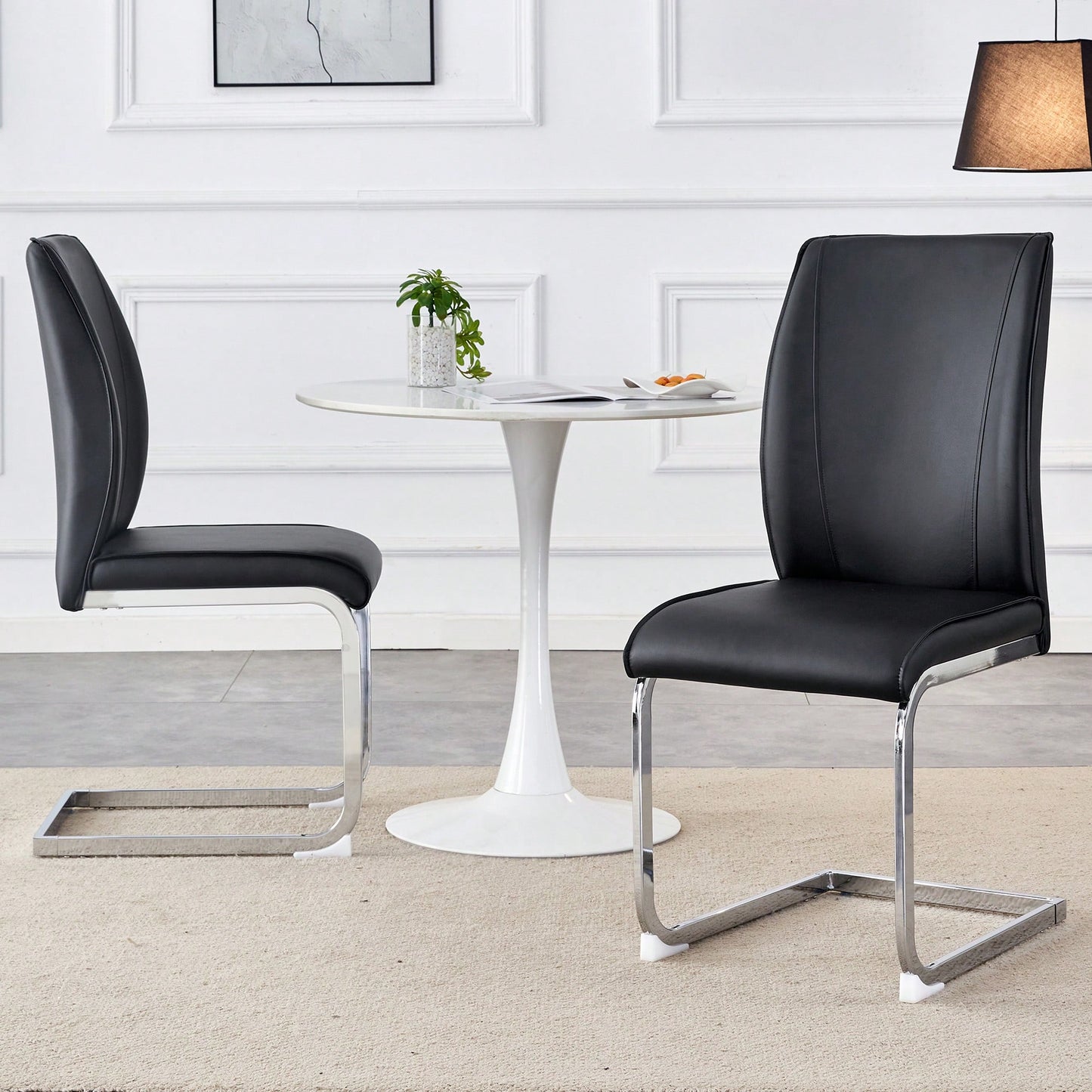 Elegant Black PU Dining Chairs With High Resilience And Arched Silver Metal Legs - Set Of 2