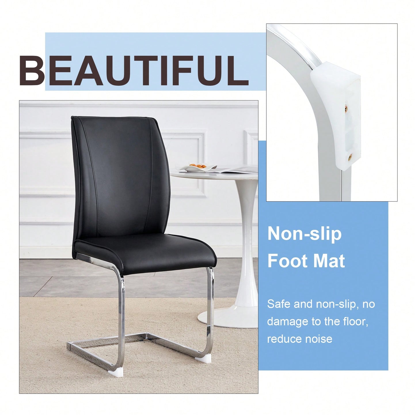 Elegant Black PU Dining Chairs With High Resilience And Arched Silver Metal Legs - Set Of 2