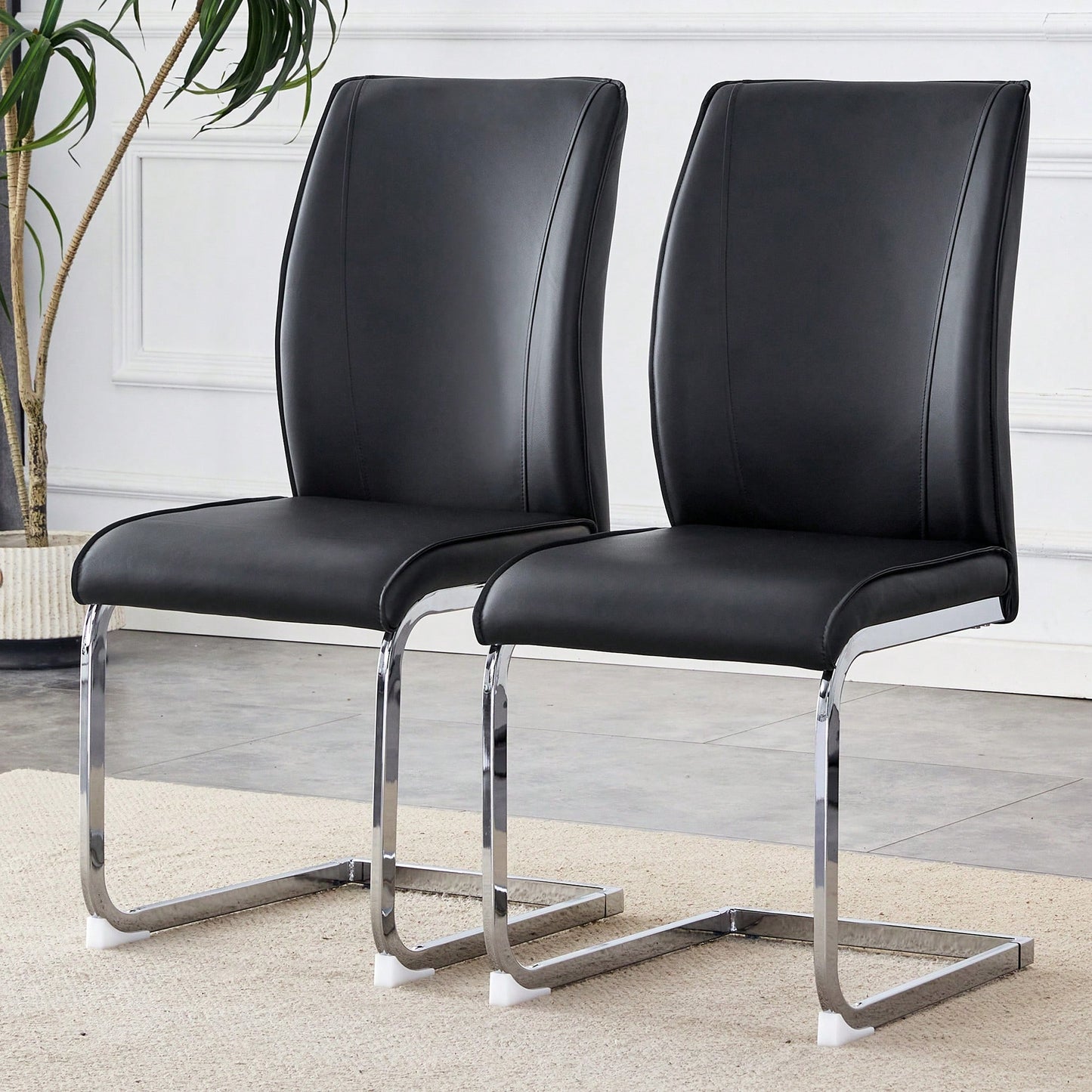 Elegant Black PU Dining Chairs With High Resilience And Arched Silver Metal Legs - Set Of 2
