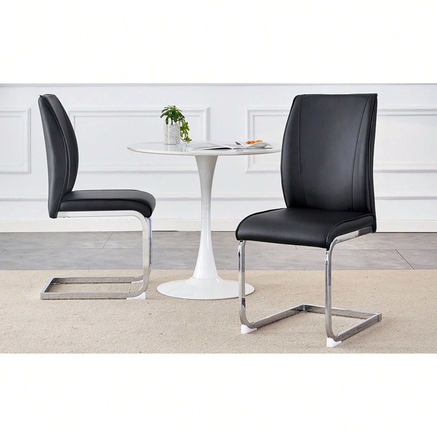 Elegant Black PU Dining Chairs With High Resilience And Arched Silver Metal Legs - Set Of 2