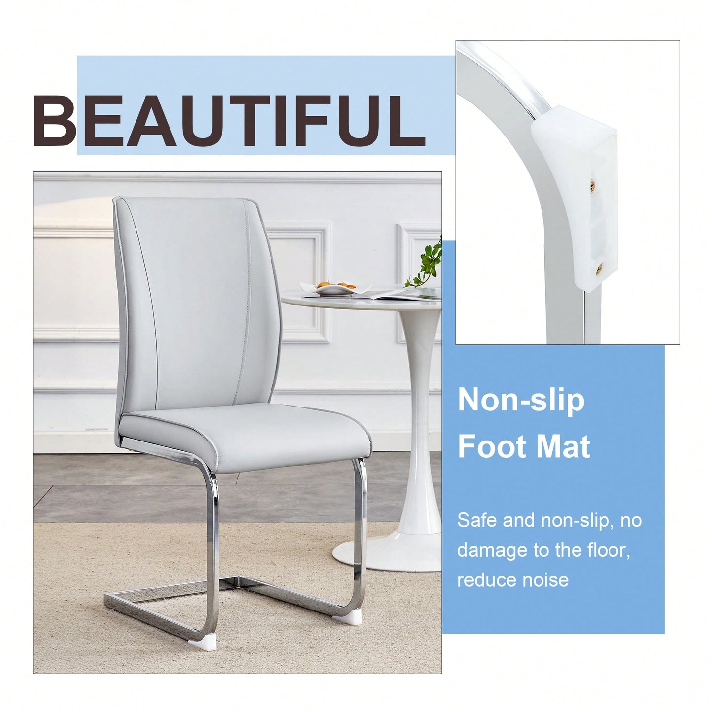 Elegant Black PU Dining Chairs With High Resilience And Arched Silver Metal Legs - Set Of 2