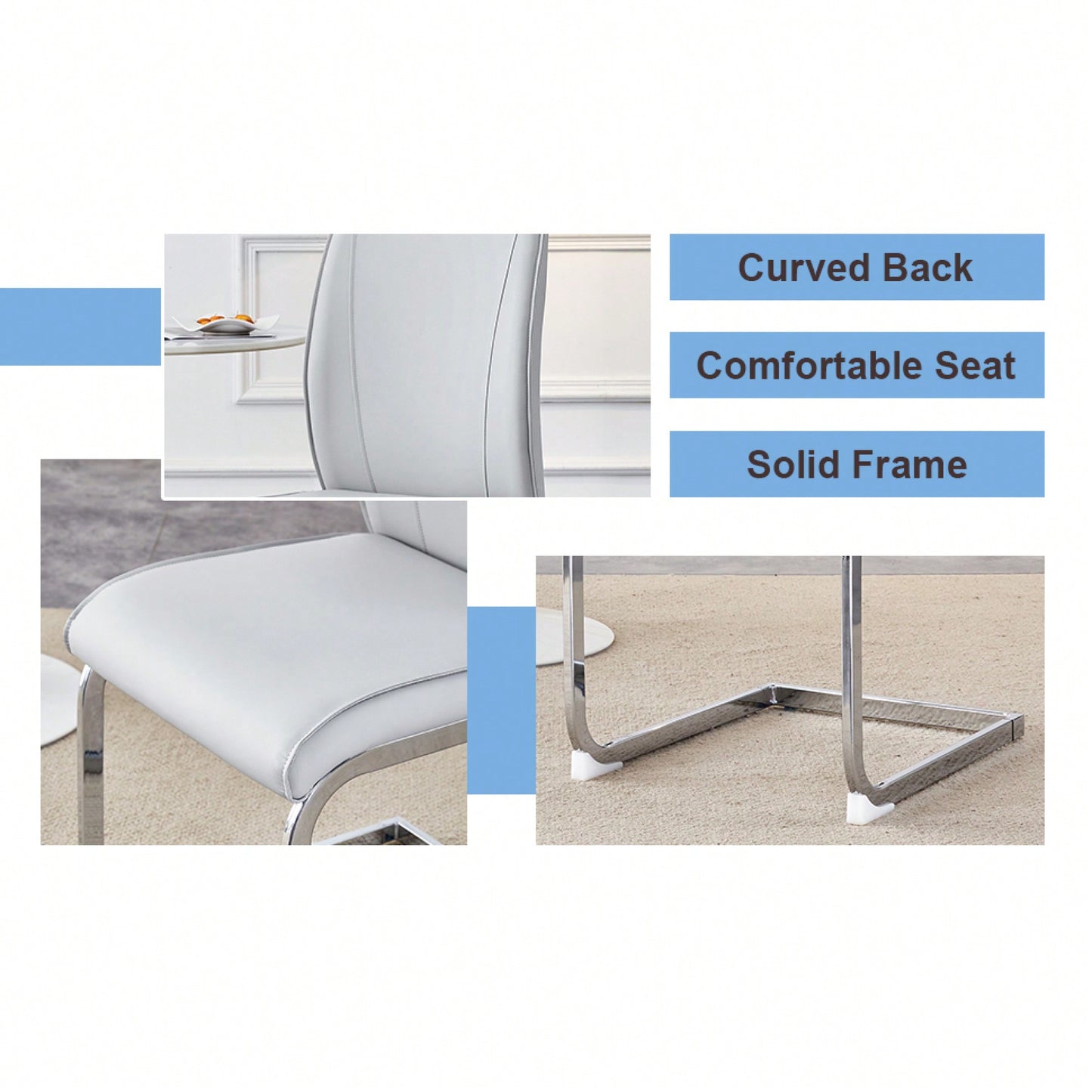 Elegant Black PU Dining Chairs With High Resilience And Arched Silver Metal Legs - Set Of 2