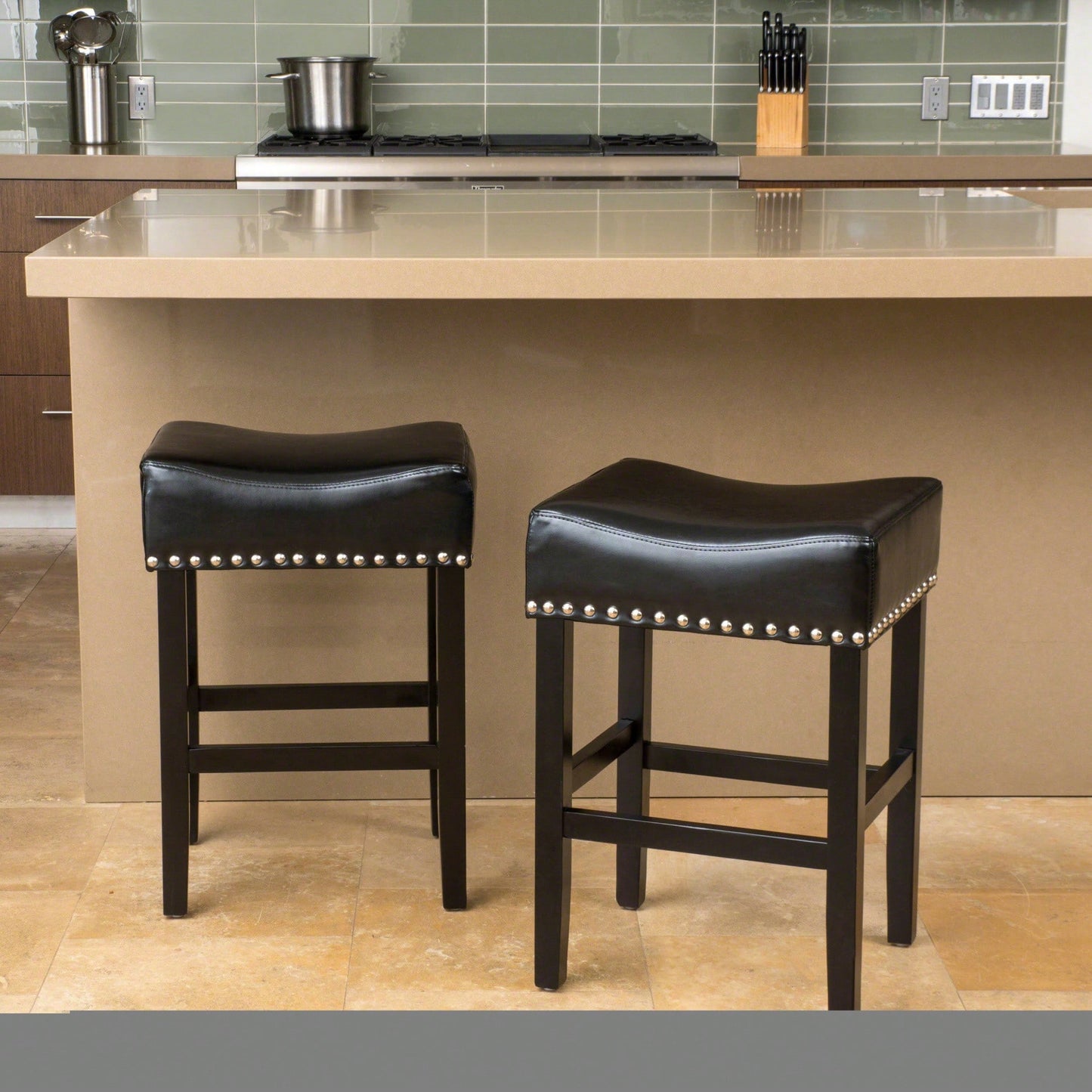 Set Of 2 26-Inch Backless Ivory Leather Counter Stools For Kitchen And Bar Seating