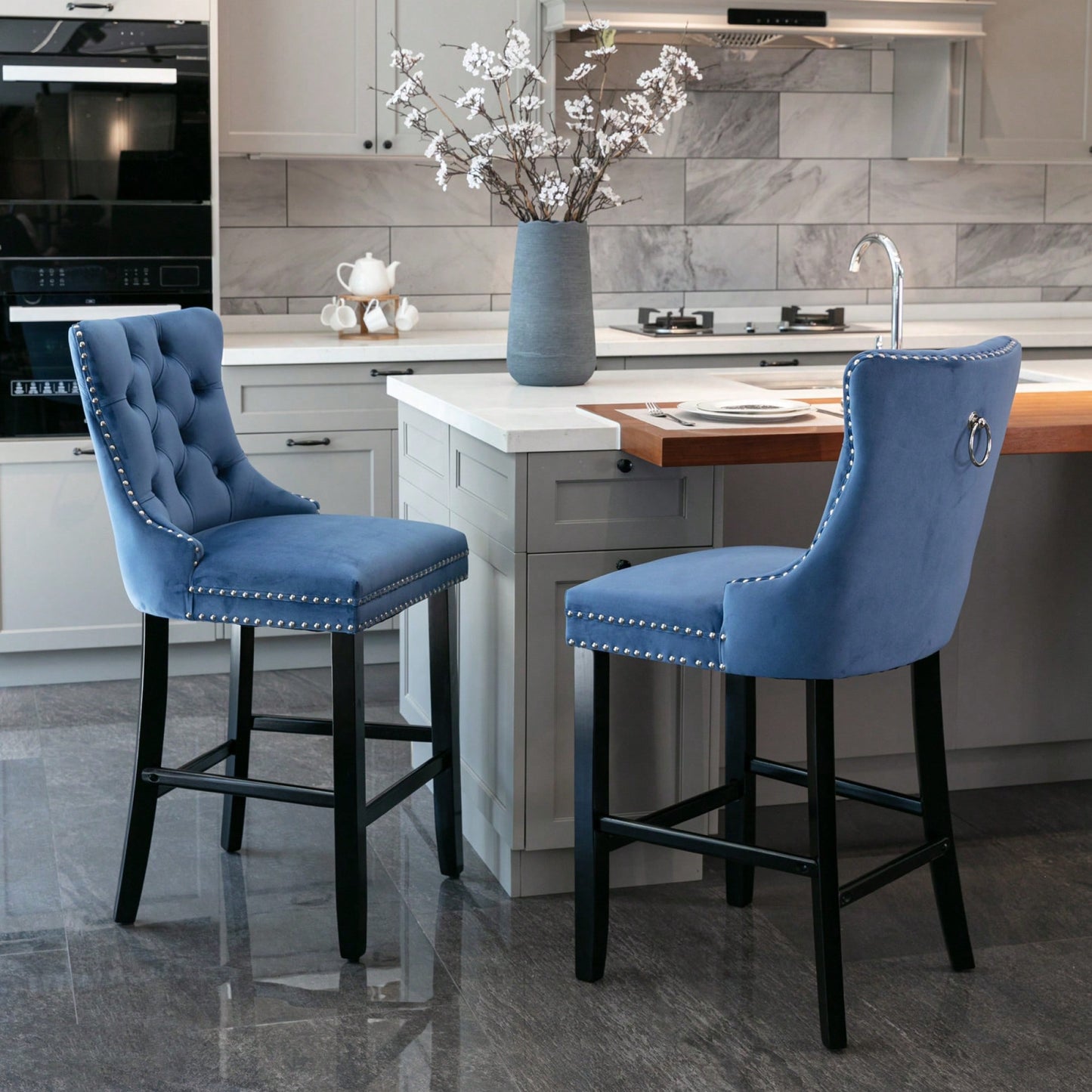 Contemporary Velvet Barstools With Button Tufting And Wooden Legs, Chrome Nailhead Trim, Set Of 2 In Blue, Stylish Leisure Seating
