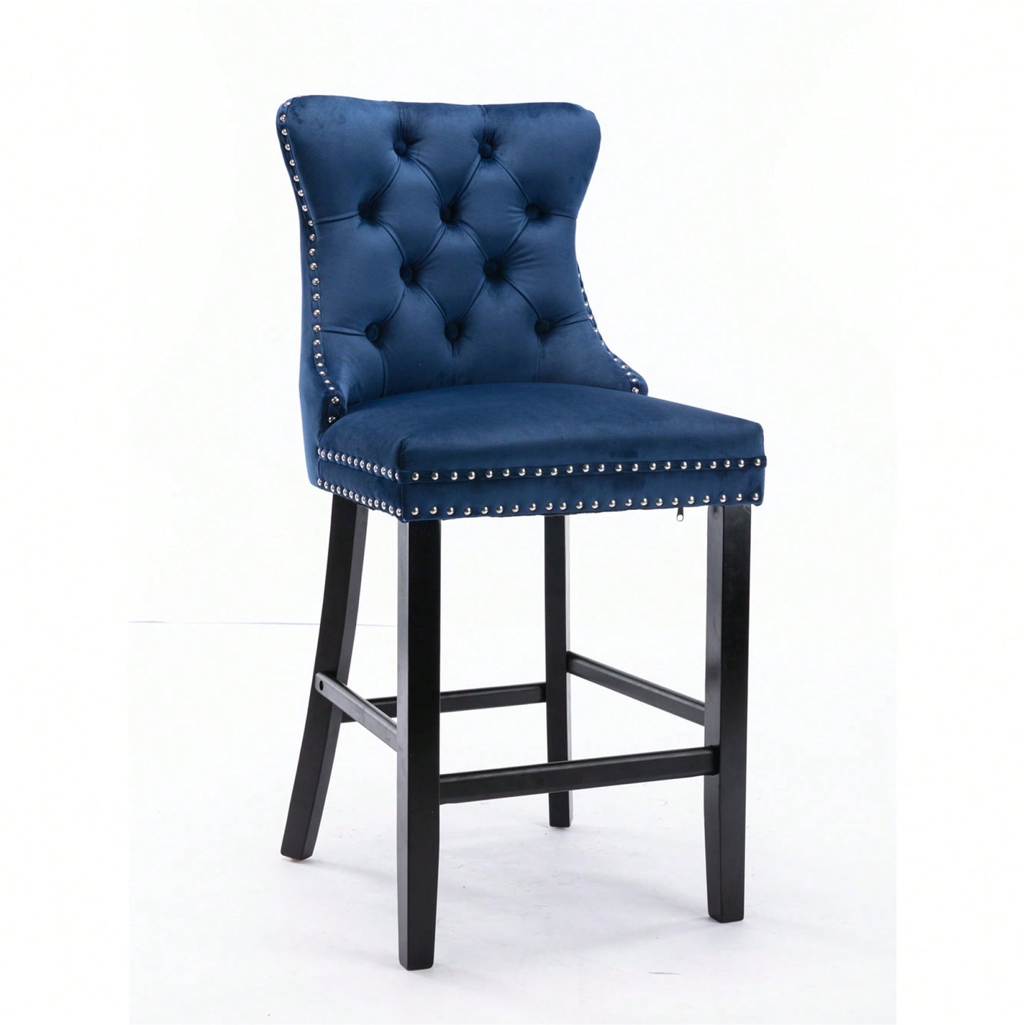 Contemporary Velvet Barstools With Button Tufting And Wooden Legs, Chrome Nailhead Trim, Set Of 2 In Blue, Stylish Leisure Seating