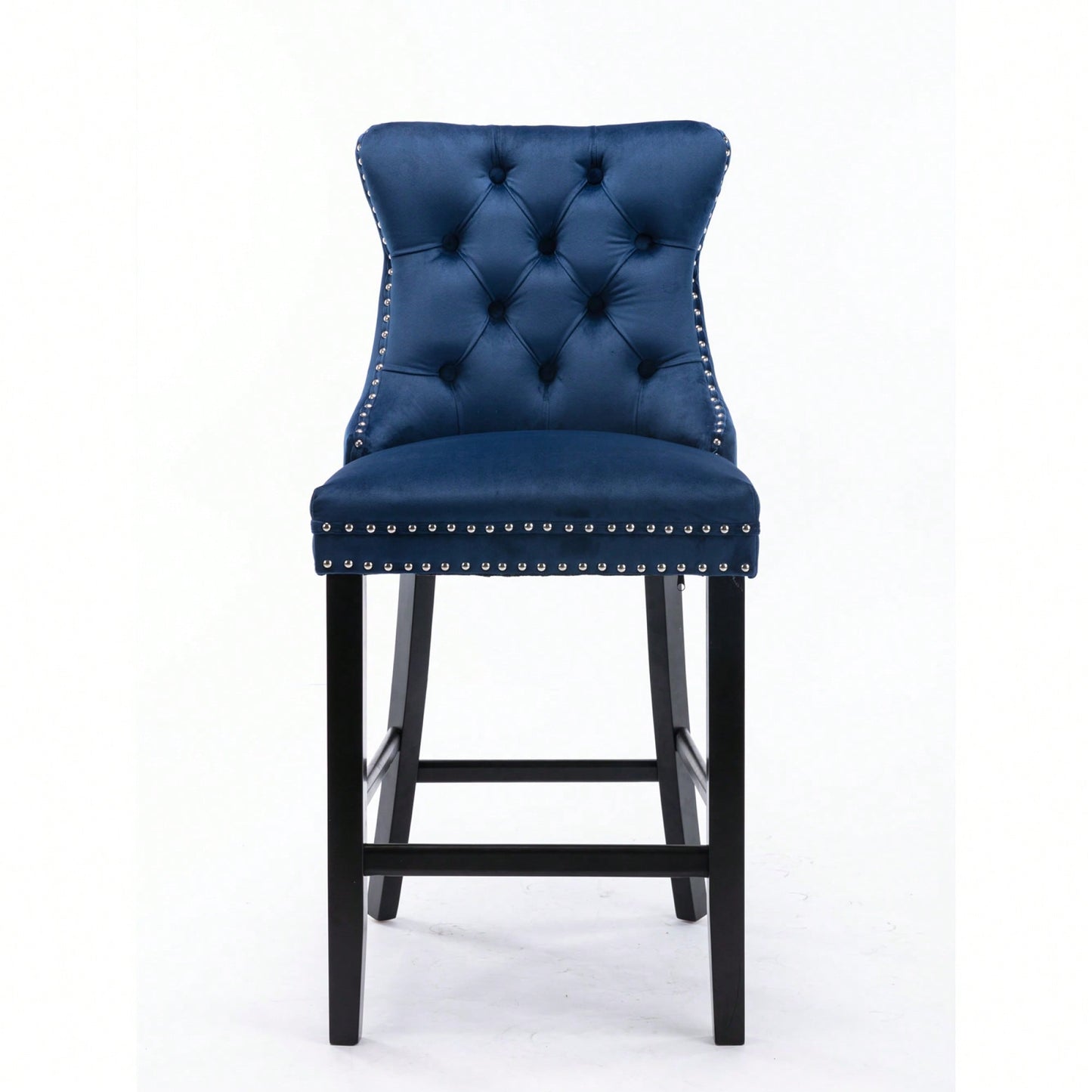 Contemporary Velvet Barstools With Button Tufting And Wooden Legs, Chrome Nailhead Trim, Set Of 2 In Blue, Stylish Leisure Seating