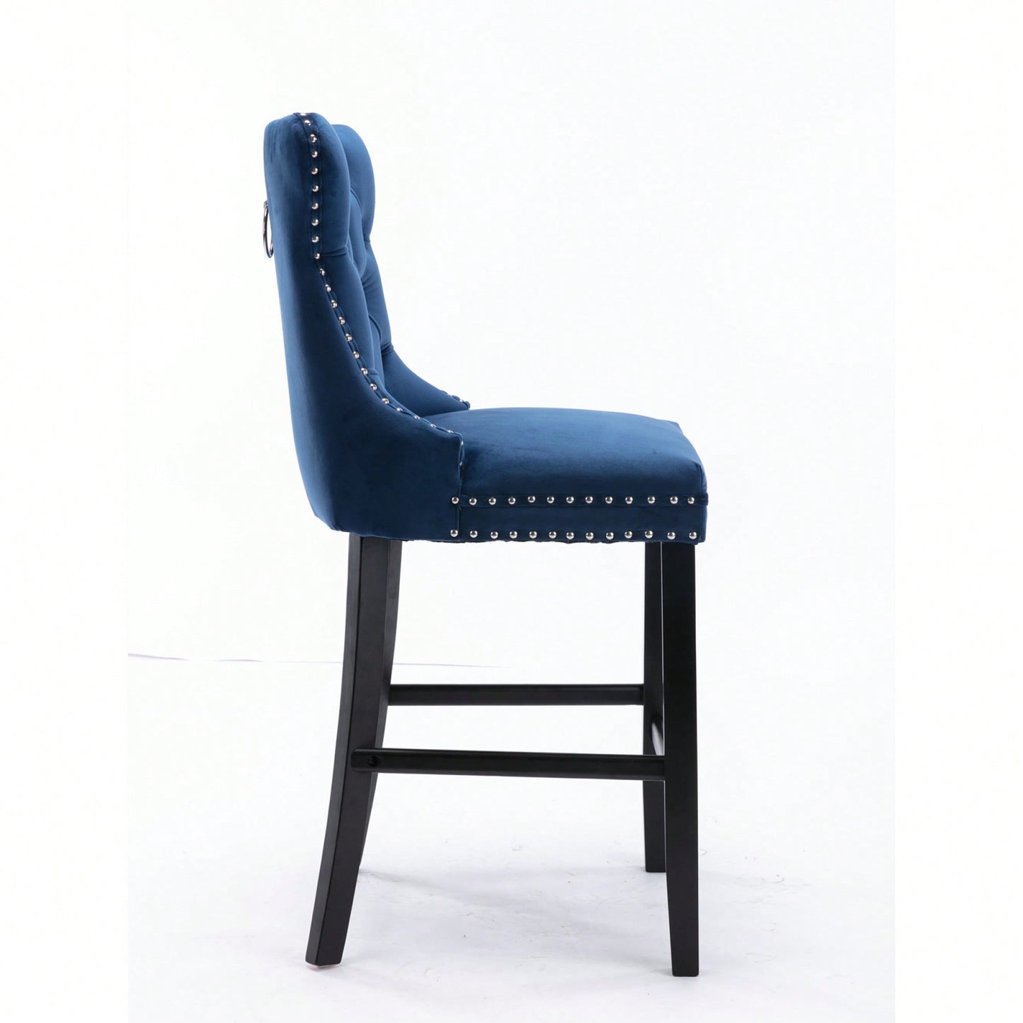 Contemporary Velvet Barstools With Button Tufting And Wooden Legs, Chrome Nailhead Trim, Set Of 2 In Blue, Stylish Leisure Seating