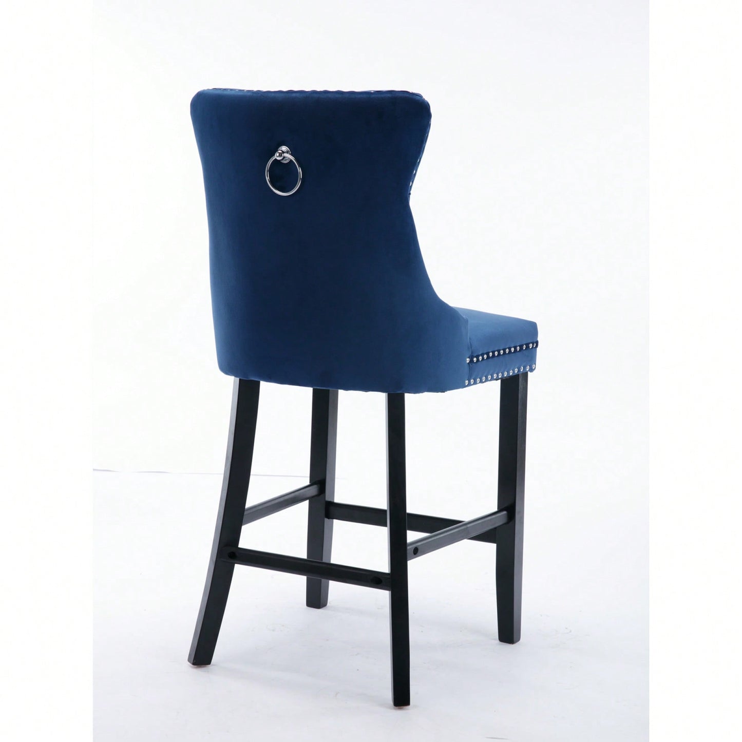 Contemporary Velvet Barstools With Button Tufting And Wooden Legs, Chrome Nailhead Trim, Set Of 2 In Blue, Stylish Leisure Seating