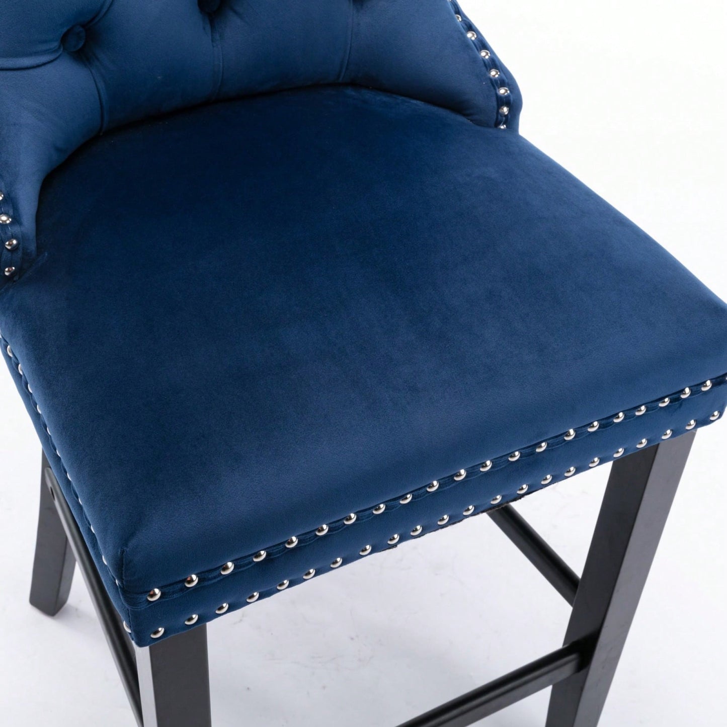 Contemporary Velvet Barstools With Button Tufting And Wooden Legs, Chrome Nailhead Trim, Set Of 2 In Blue, Stylish Leisure Seating