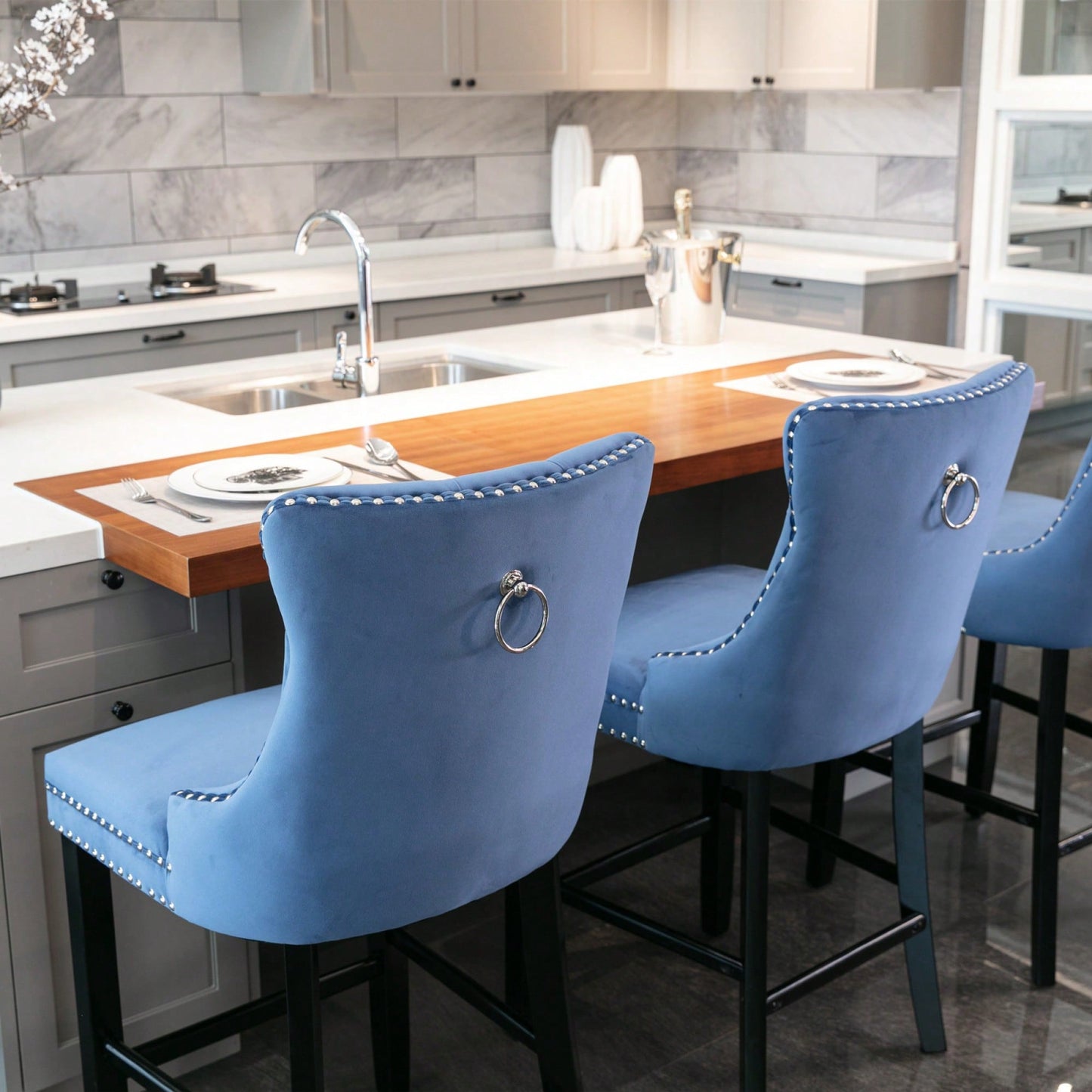 Contemporary Velvet Barstools With Button Tufting And Wooden Legs, Chrome Nailhead Trim, Set Of 2 In Blue, Stylish Leisure Seating